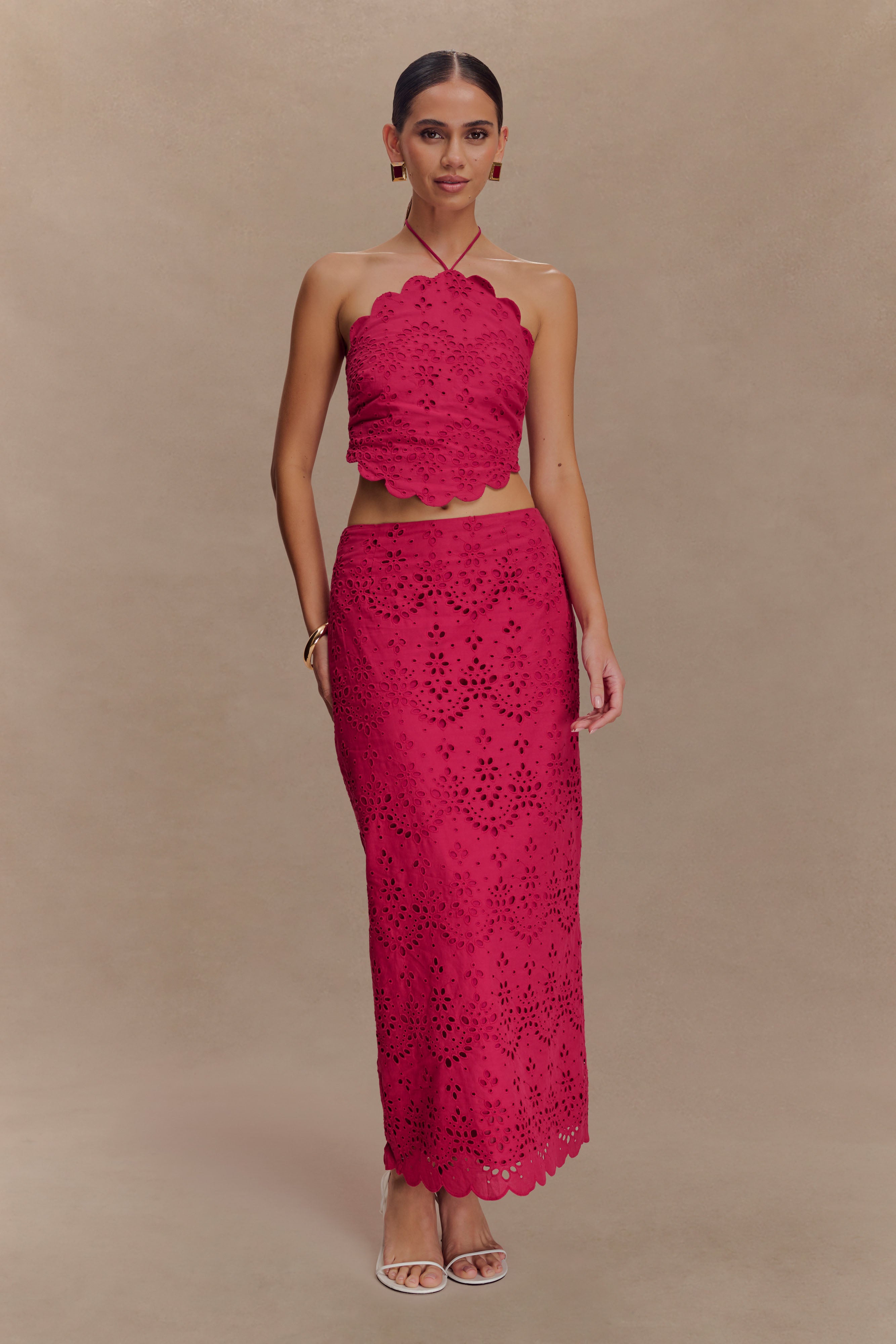 Kensley Broderie Halter Top - Dragonfruit | MESHKI US