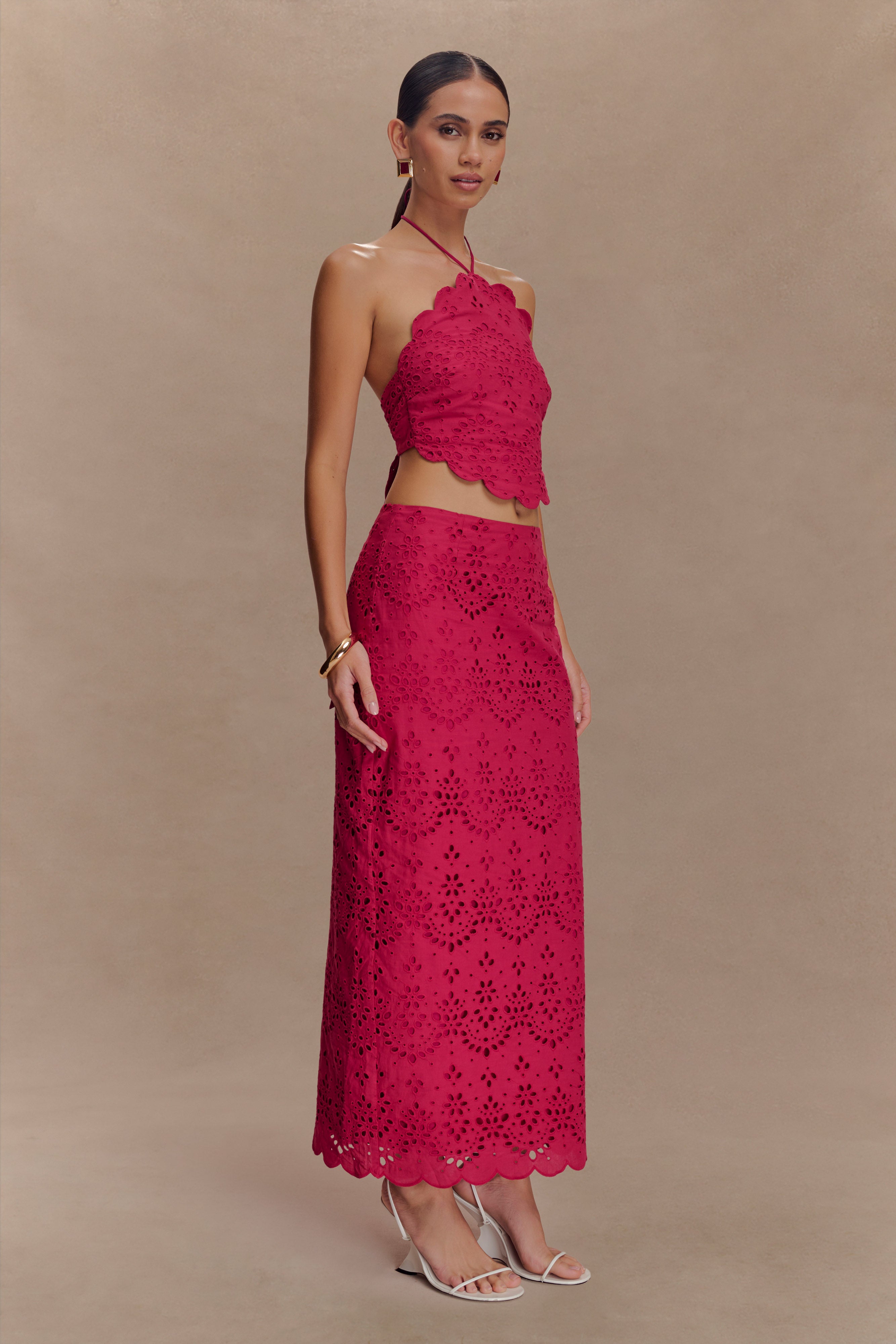 Kensley Broderie Midi Skirt - Dragonfruit | MESHKI US