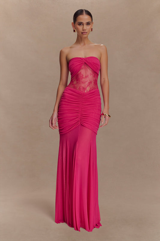 meshki hot pink dress Ayeshya Slinky Asymmetric Maxi Dress