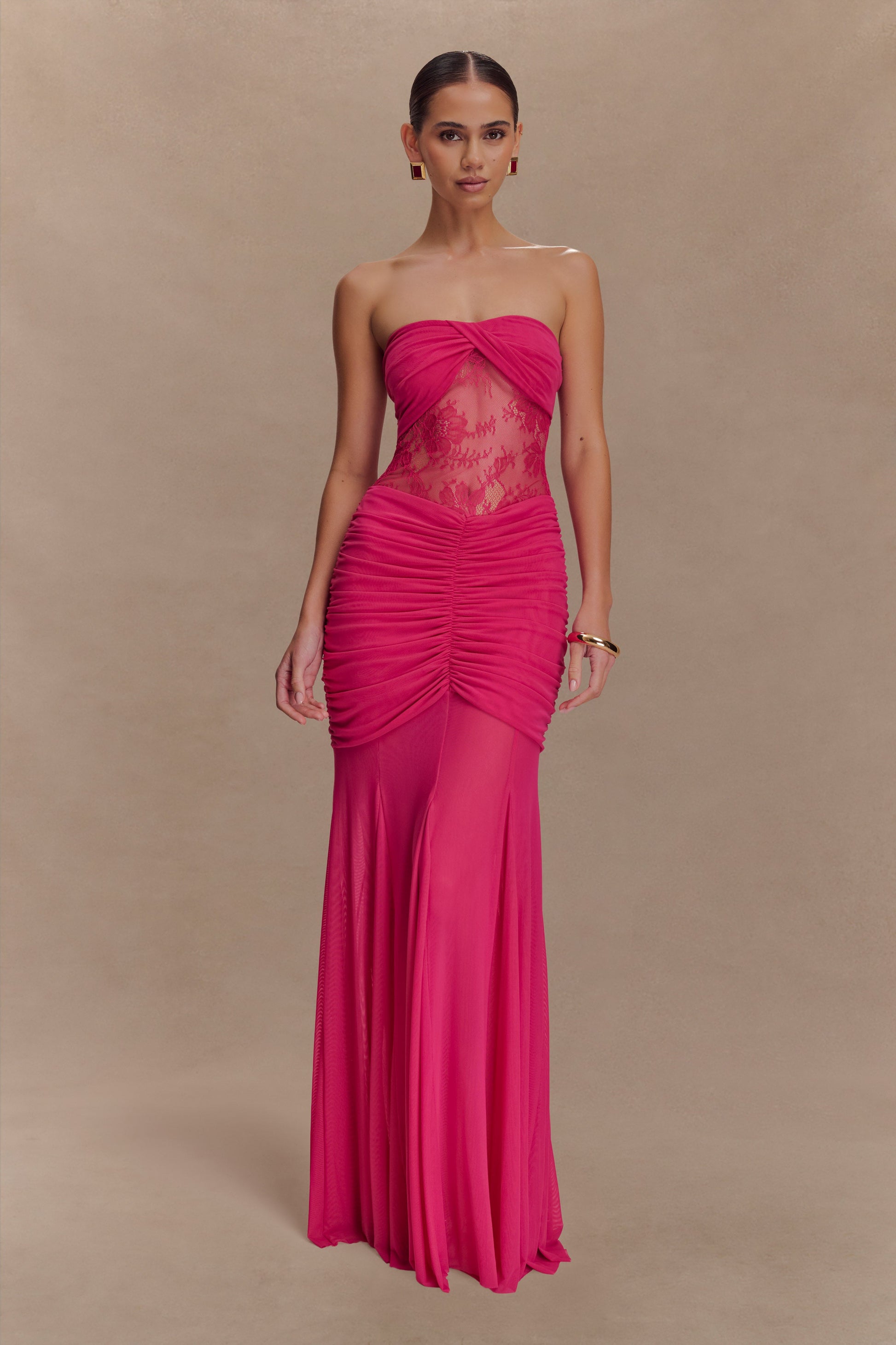 Khadijah Lace And Mesh Maxi Dress / Dragonfruit | MESHKI | XXS Khadijah Lace And Mesh Maxi Dress / Dragonfruit | MESHKI | XXS