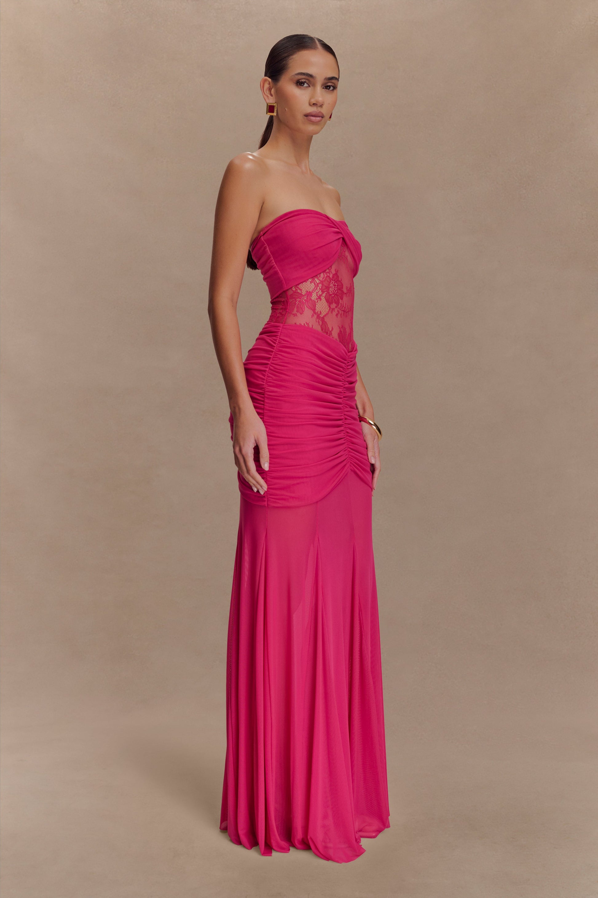 Khadijah Lace and Mesh Maxi Dress / Dragonfruit | Meshki | XXS Khadijah Lace and Mesh Maxi Dress / Dragonfruit | Meshki | XXS