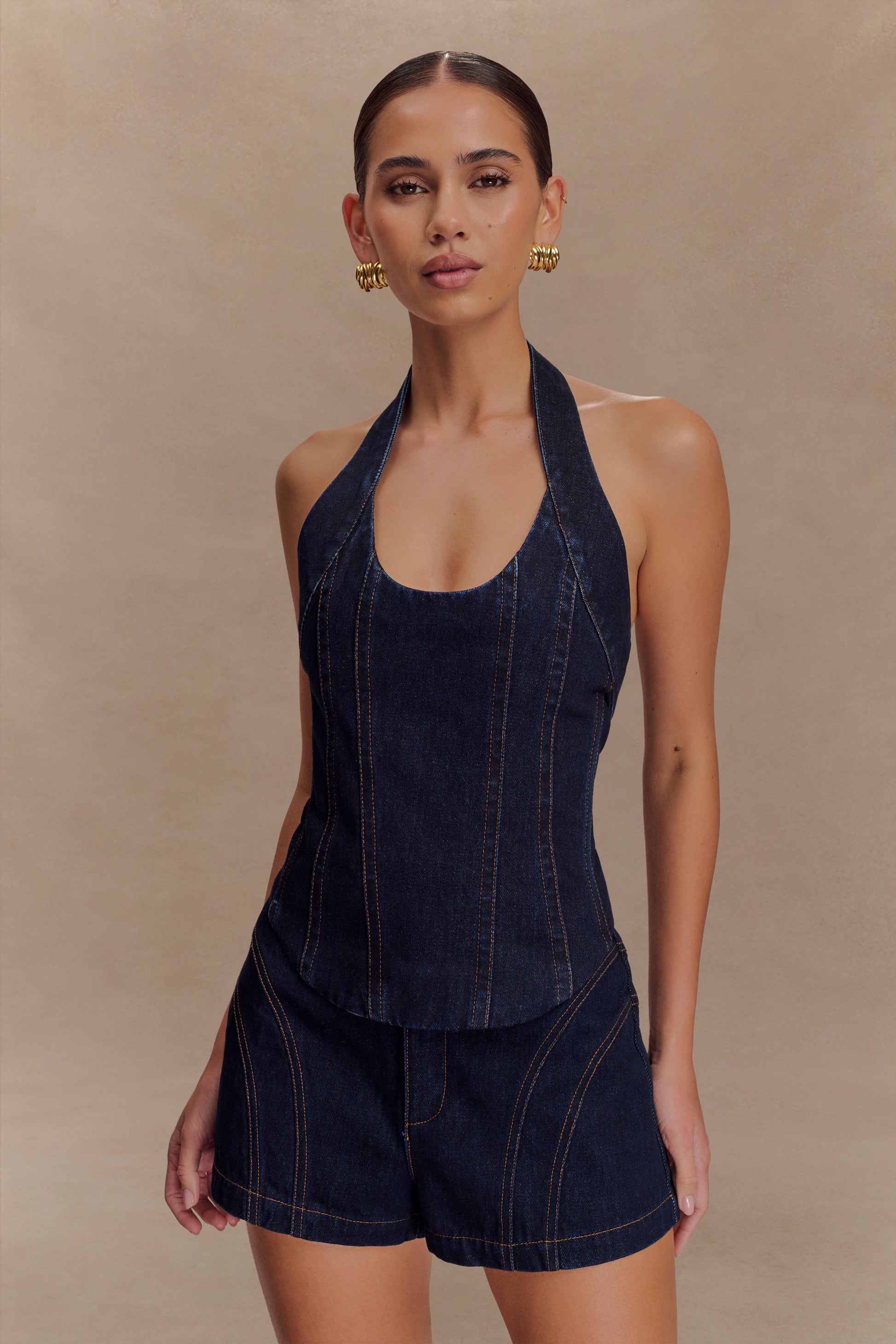 Meadow Denim Corset Halter Top / Indigo Blue | MESHKI | 3XL Meadow Denim Corset Halter Top / Indigo Blue | MESHKI | 3XL