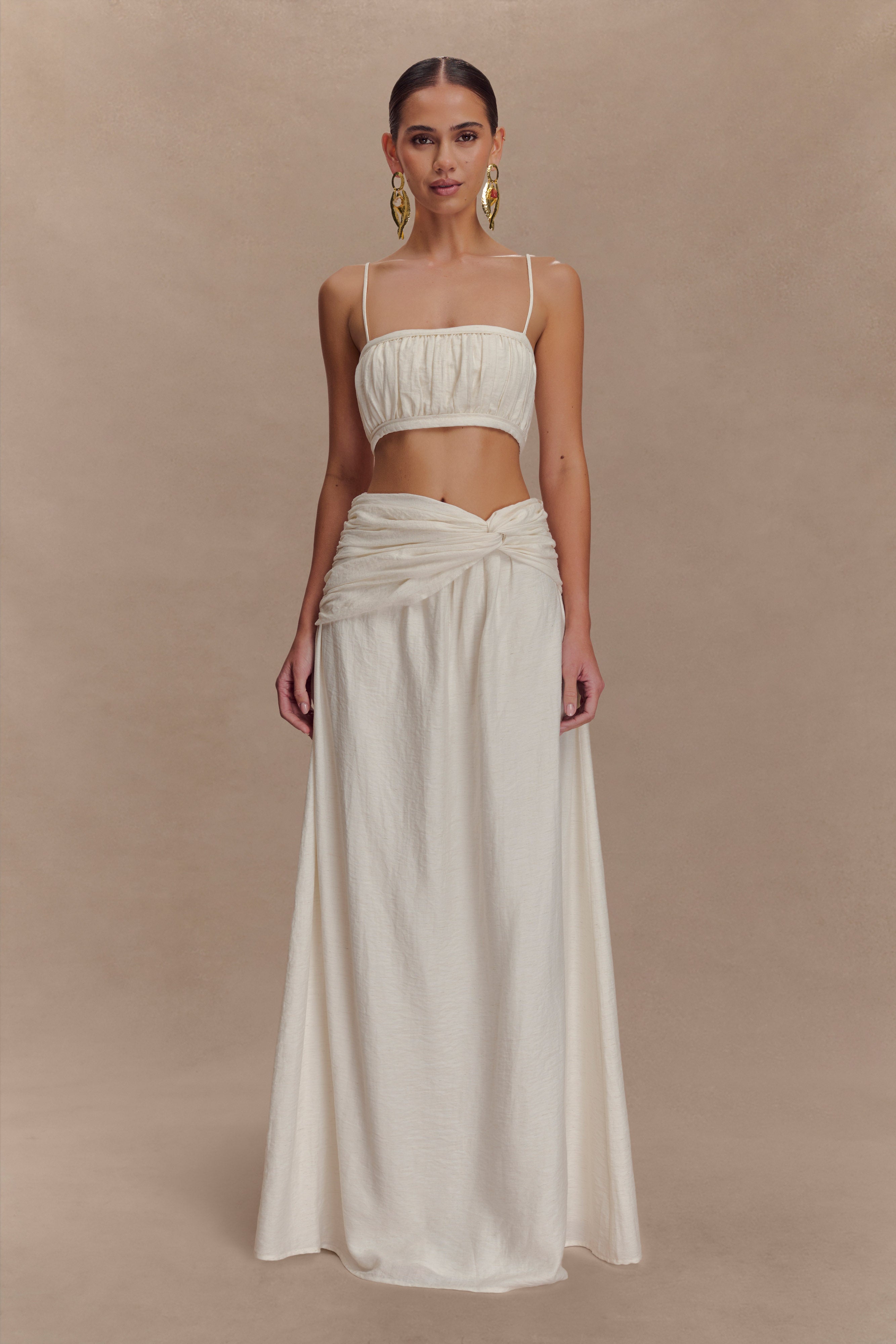 Scottie Gathered Linen Knot Maxi Skirt - Oat Marle | MESHKI US