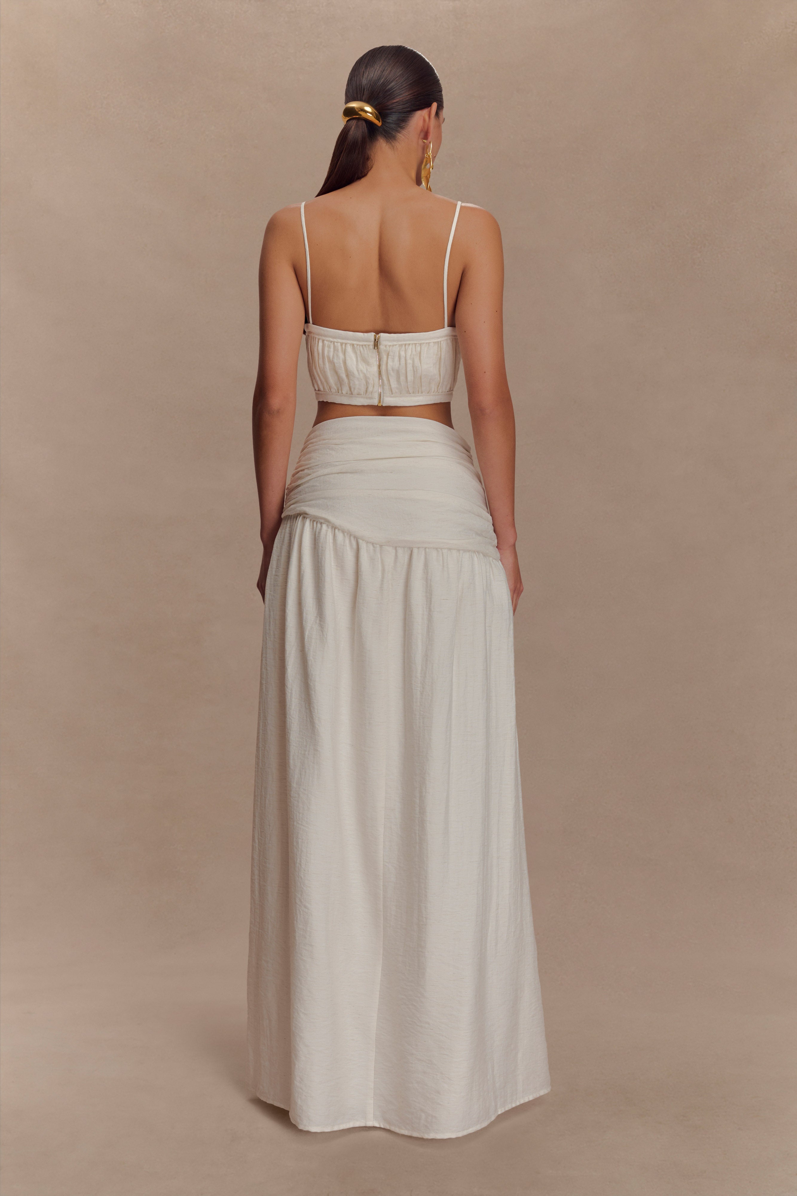 Scottie Gathered Linen Knot Maxi Skirt - Oat Marle | MESHKI US