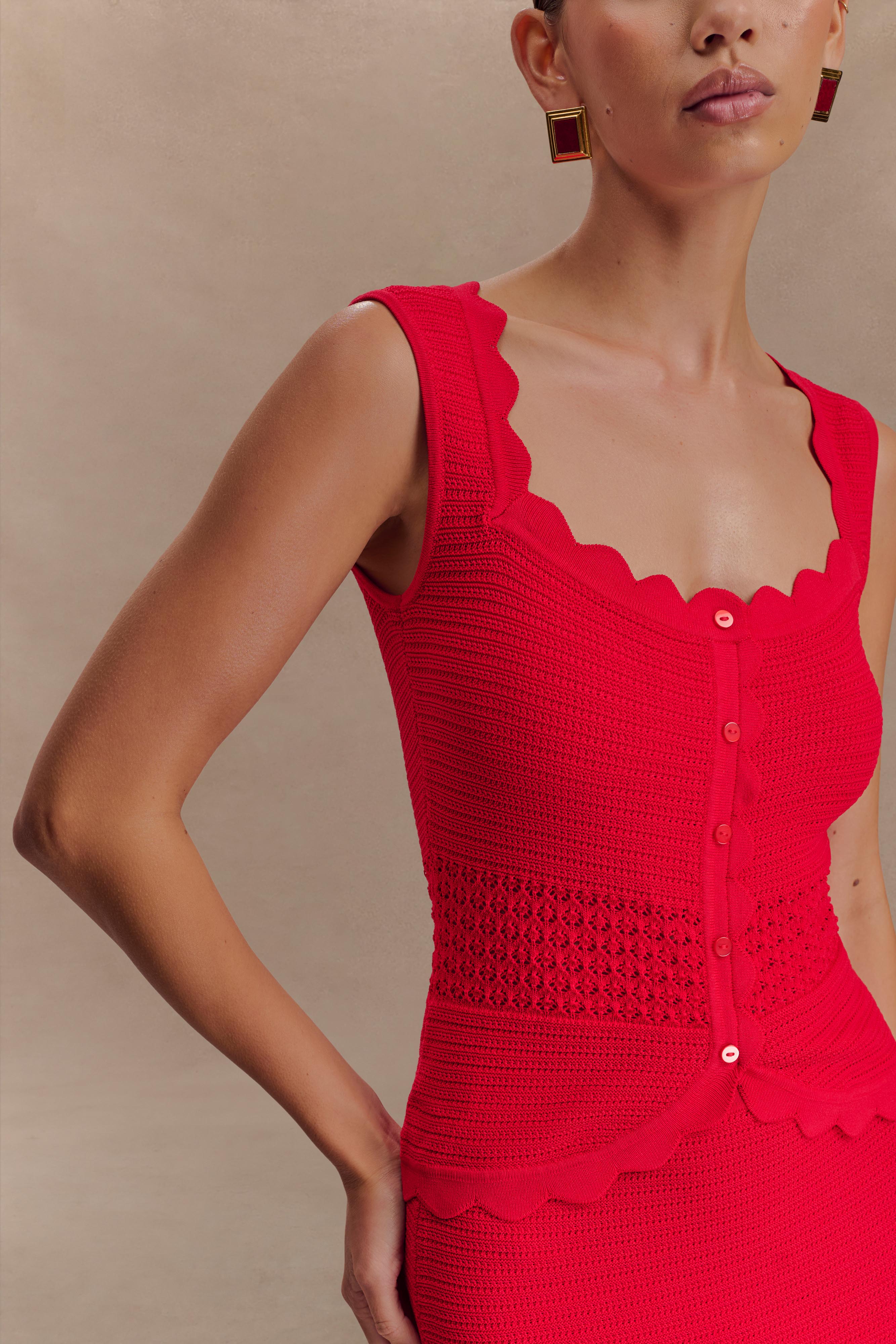 Madeline Scallop Knit Top - Red | MESHKI US