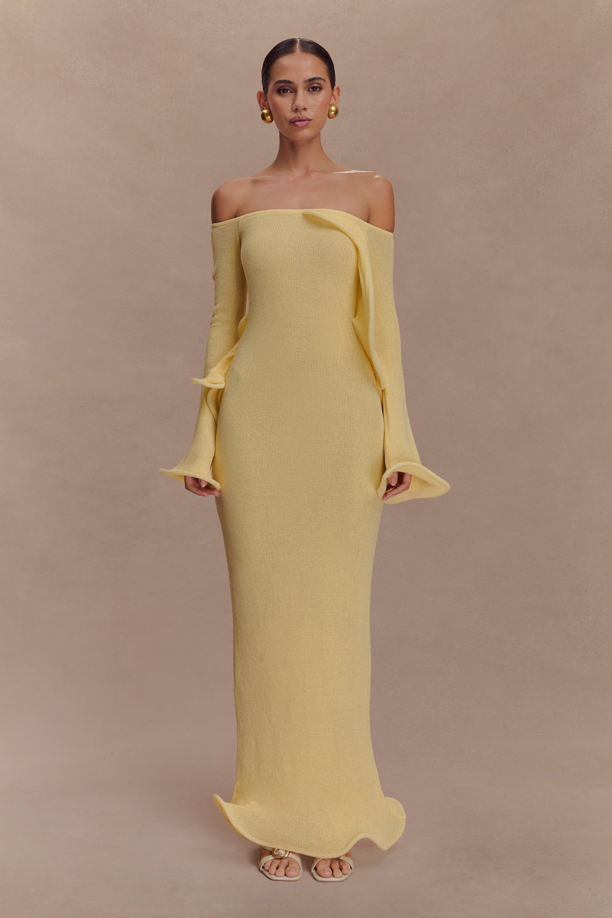 Sandrine Off Shoulder Knit Maxi Dress / Lemon | MESHKI | XXL Sandrine Off Shoulder Knit Maxi Dress / Lemon | MESHKI | XXL
