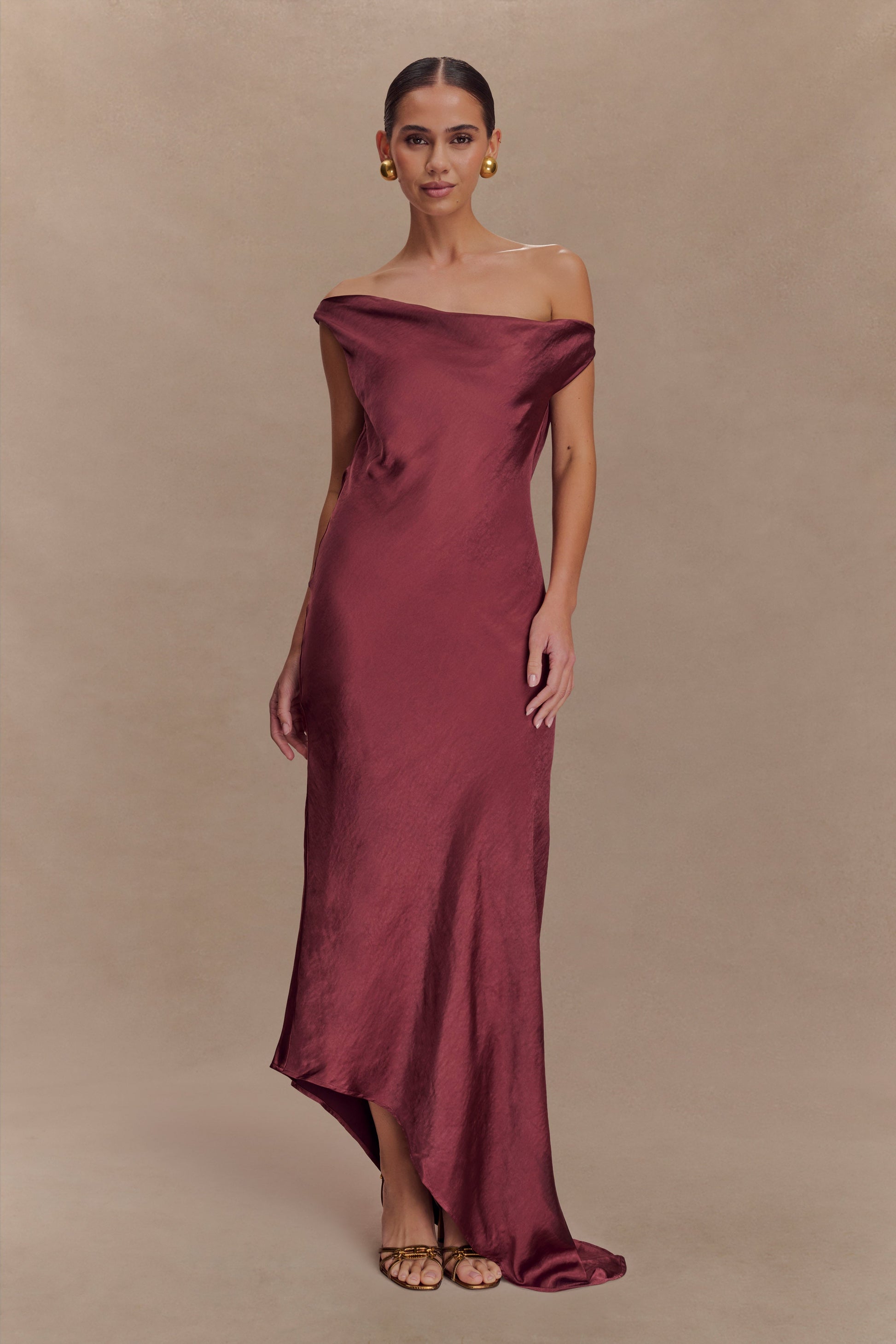Yvette Slip Maxi Dress With Asymmetrical Hem - Brown Cherry | MESHKI US Yvette Slip Maxi Dress With Asymmetrical Hem - Brown Cherry | MESHKI US