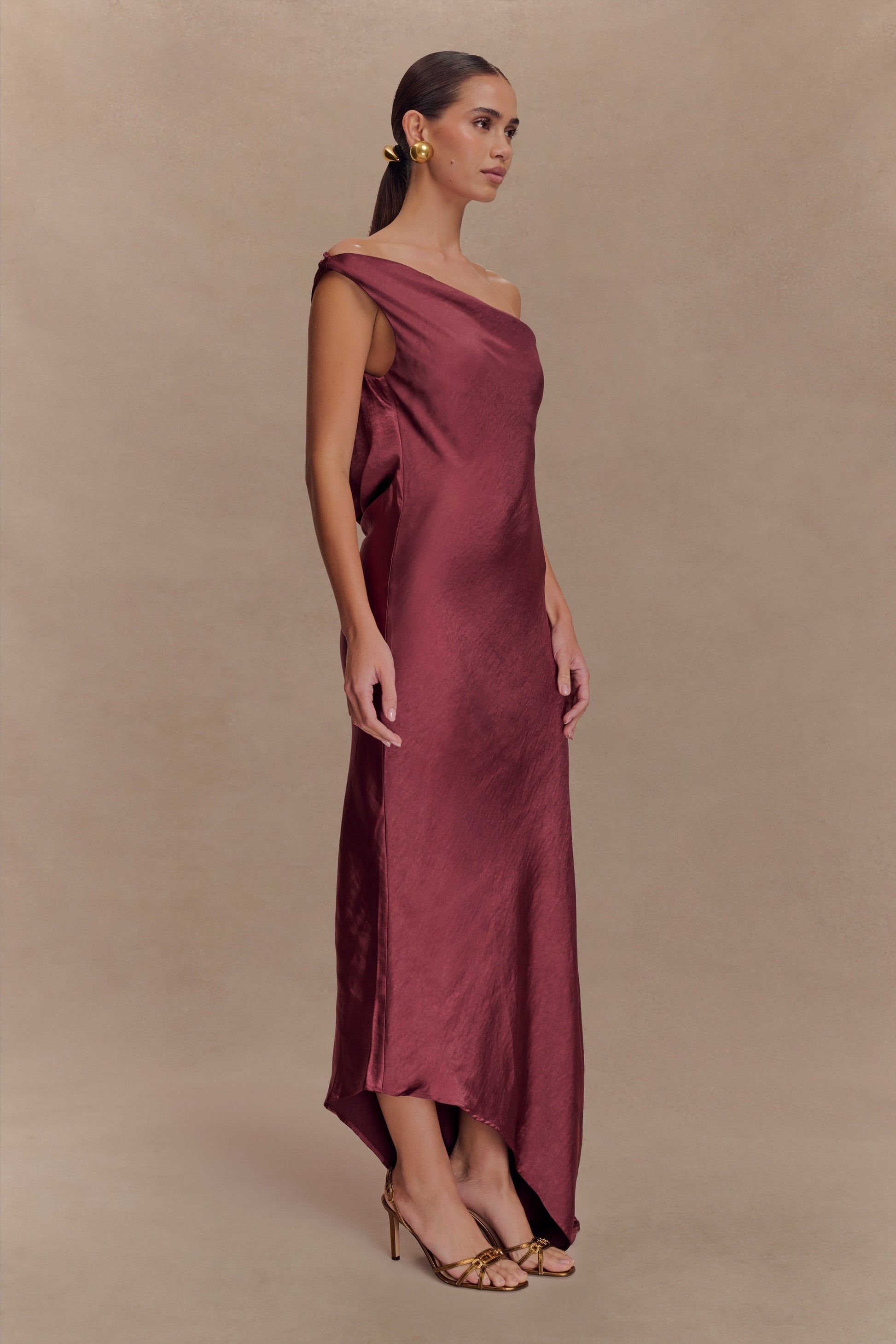 Yvette Slip Maxi Dress with Asymmetrical Hem - Brown Cherry XL Yvette Slip Maxi Dress with Asymmetrical Hem - Brown Cherry XL