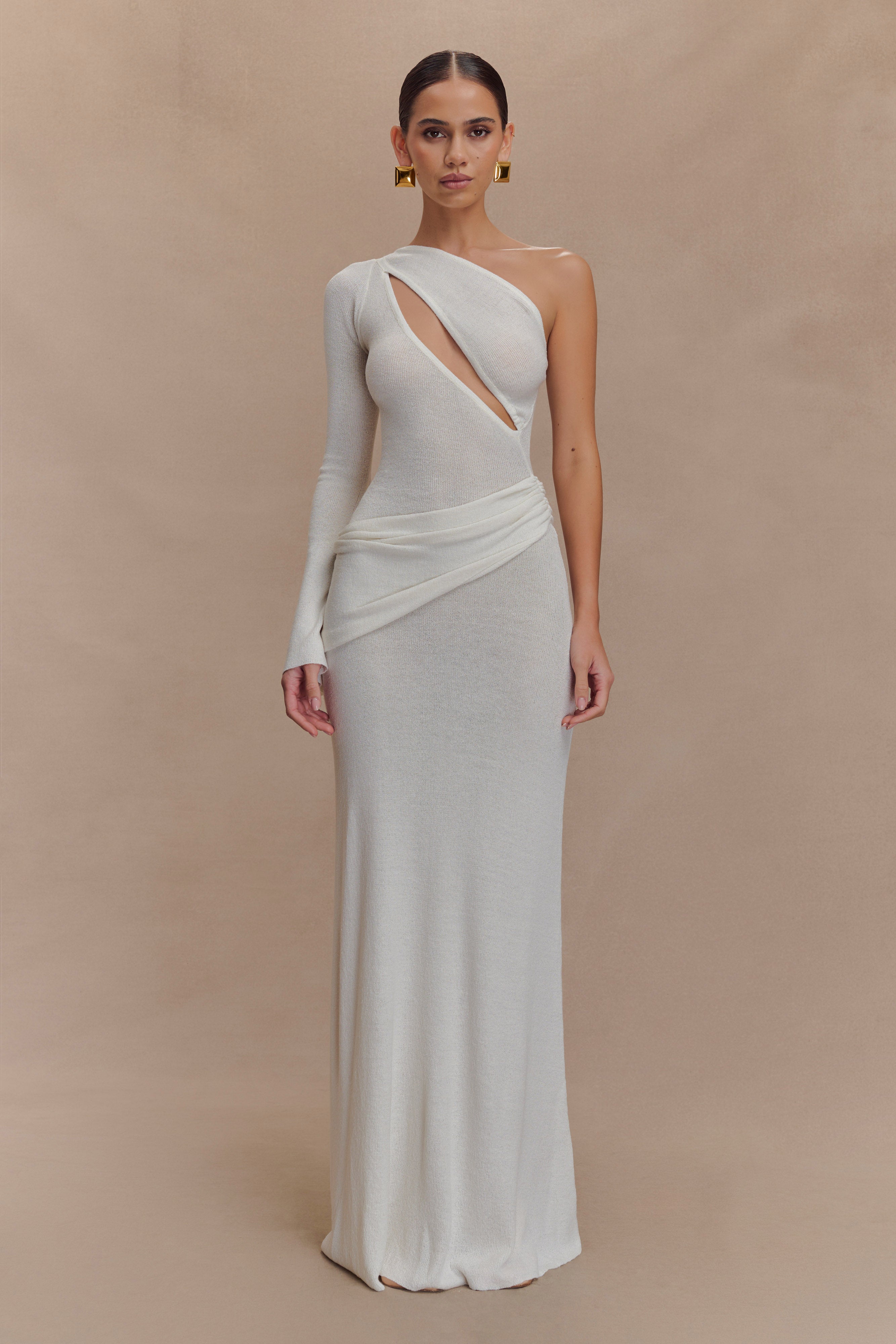 Alexius One Shoulder Knit Maxi Dress - Ivory | MESHKI US
