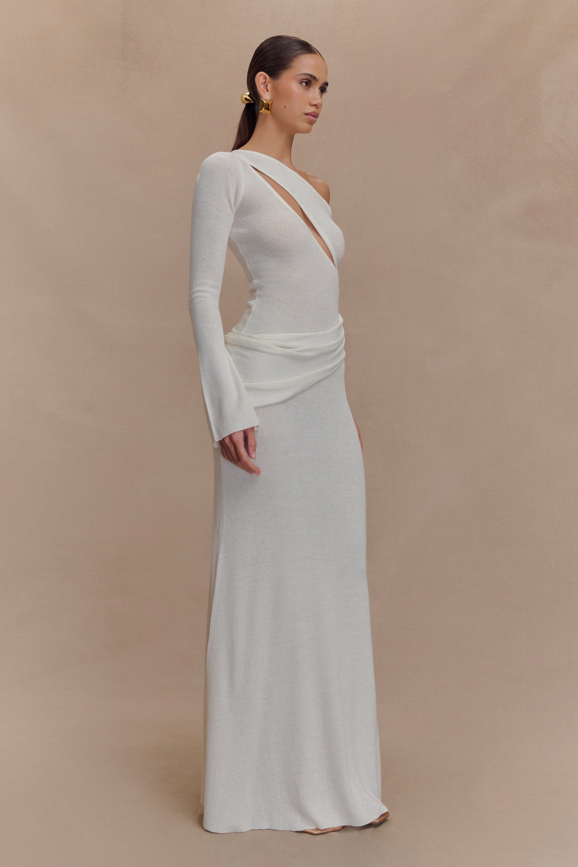 Alexius One Shoulder Knit Maxi Dress - Ivory | MESHKI US Alexius One Shoulder Knit Maxi Dress - Ivory | MESHKI US