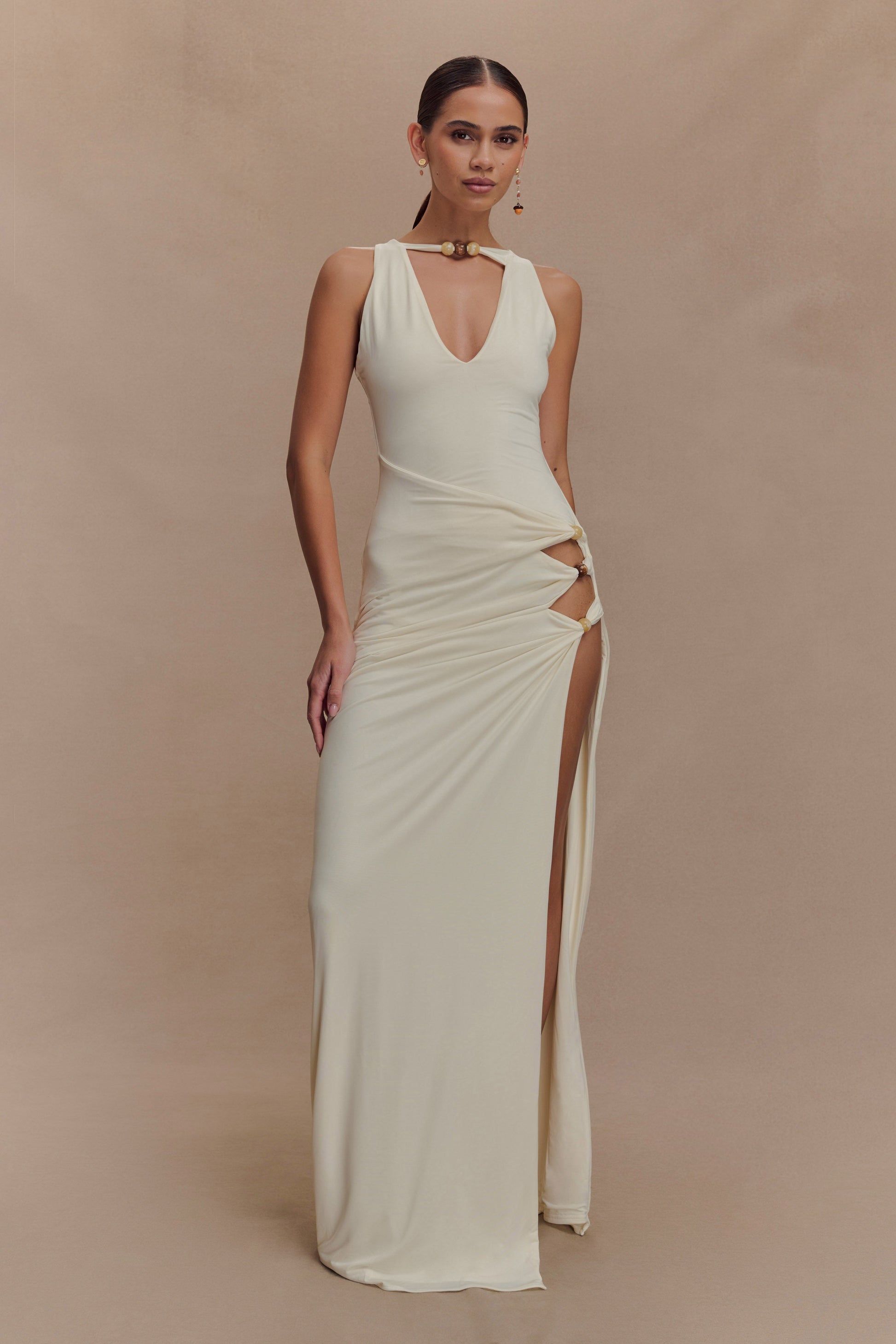 Kaiden Slinky Beaded Maxi Dress / Ivory | MESHKI | XL Kaiden Slinky Beaded Maxi Dress / Ivory | MESHKI | XL