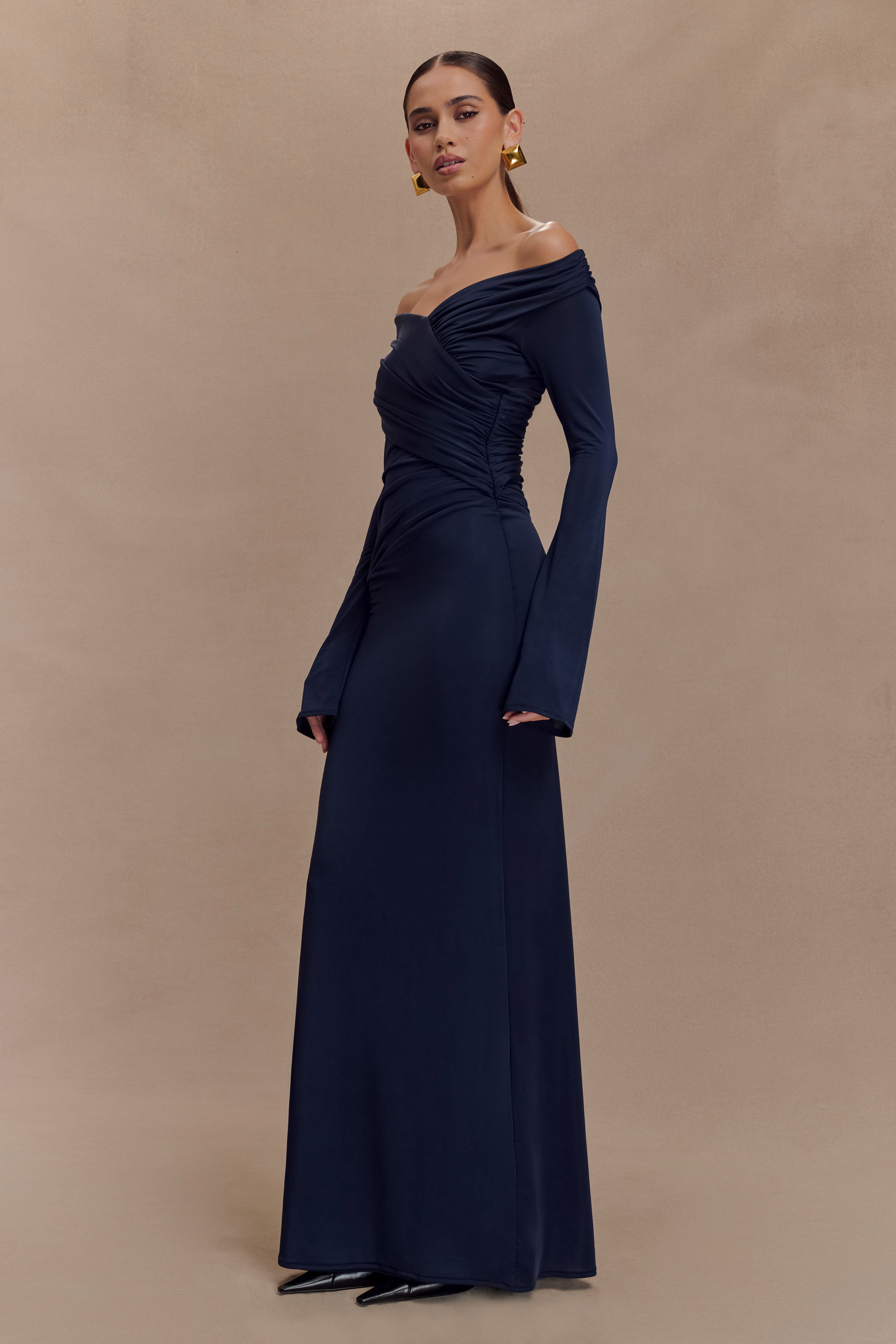 terese off shoulder knit maxi dress Therese Ruched - Navy Last Chance to Buy