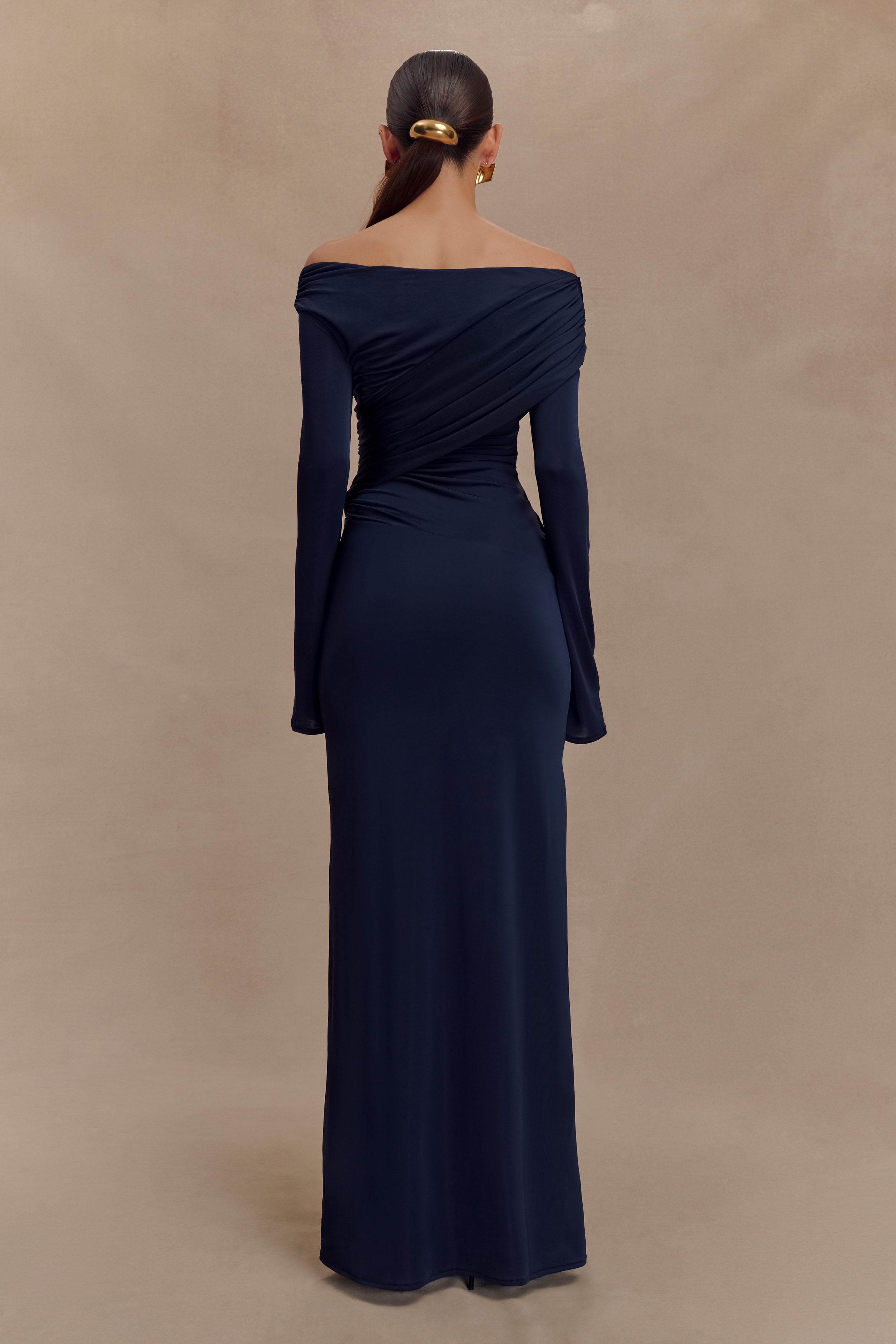 Therese Off Shoulder Ruched Maxi Dress - Navy | MESHKI US