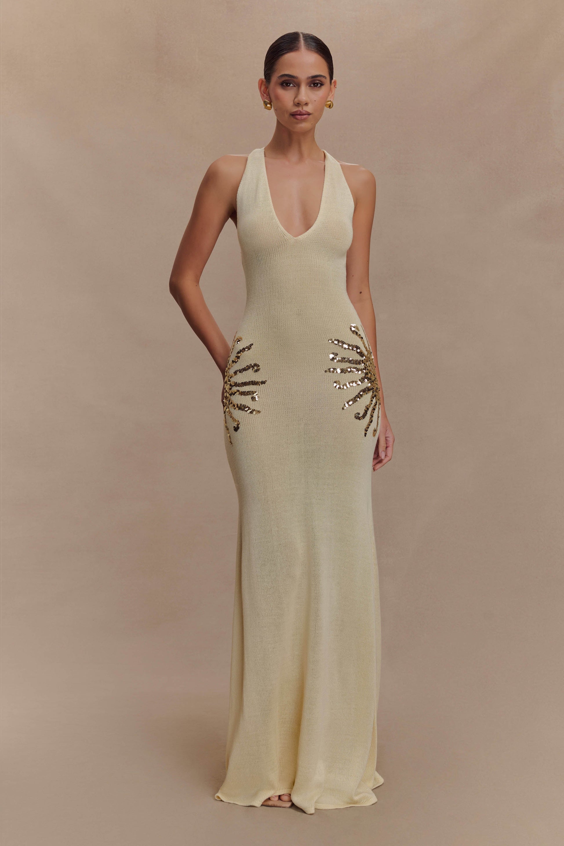 Ellington Knit Maxi Dress With Sequin / Ivory | MESHKI | XL Ellington Knit Maxi Dress With Sequin / Ivory | MESHKI | XL