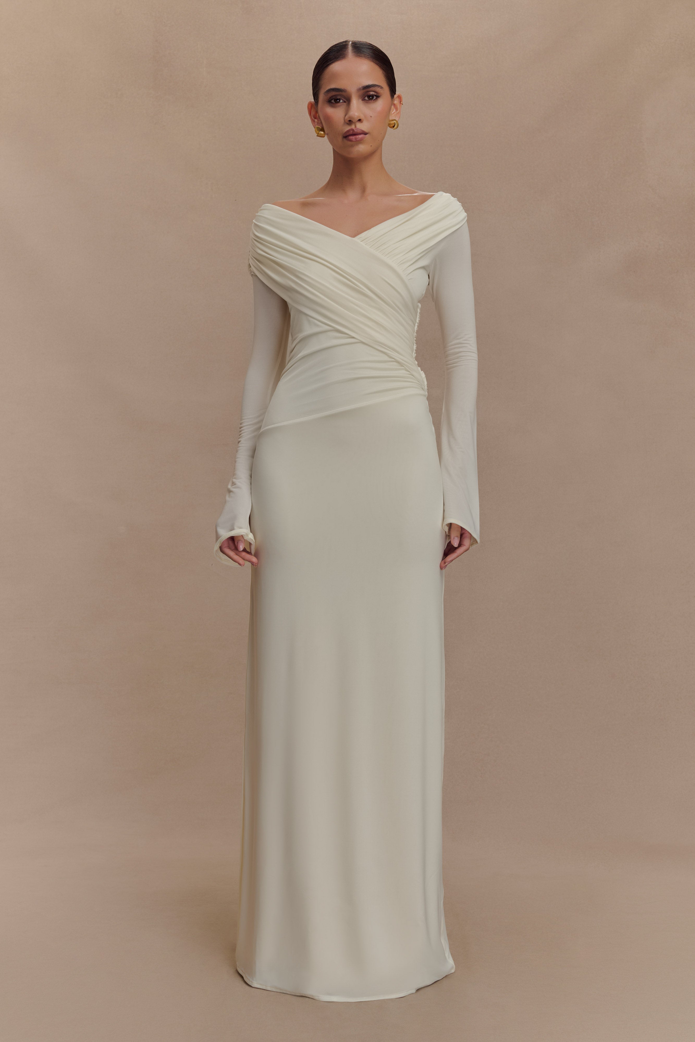 Therese Off Shoulder Ruched Maxi Dress - Ivory