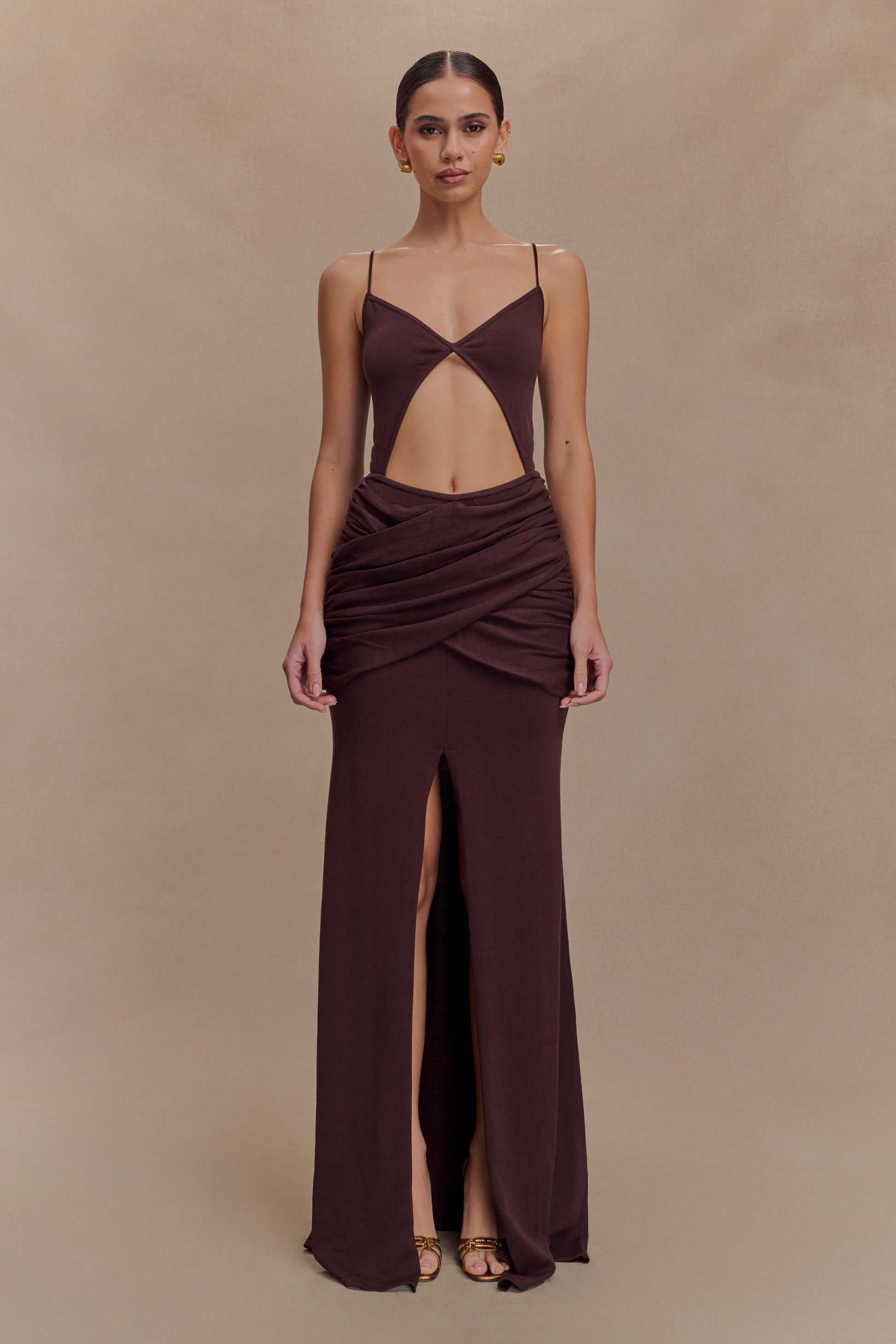 Reama Wrap Over Knit Maxi Dress / Chocolate | MESHKI | 3XL Reama Wrap Over Knit Maxi Dress / Chocolate | MESHKI | 3XL