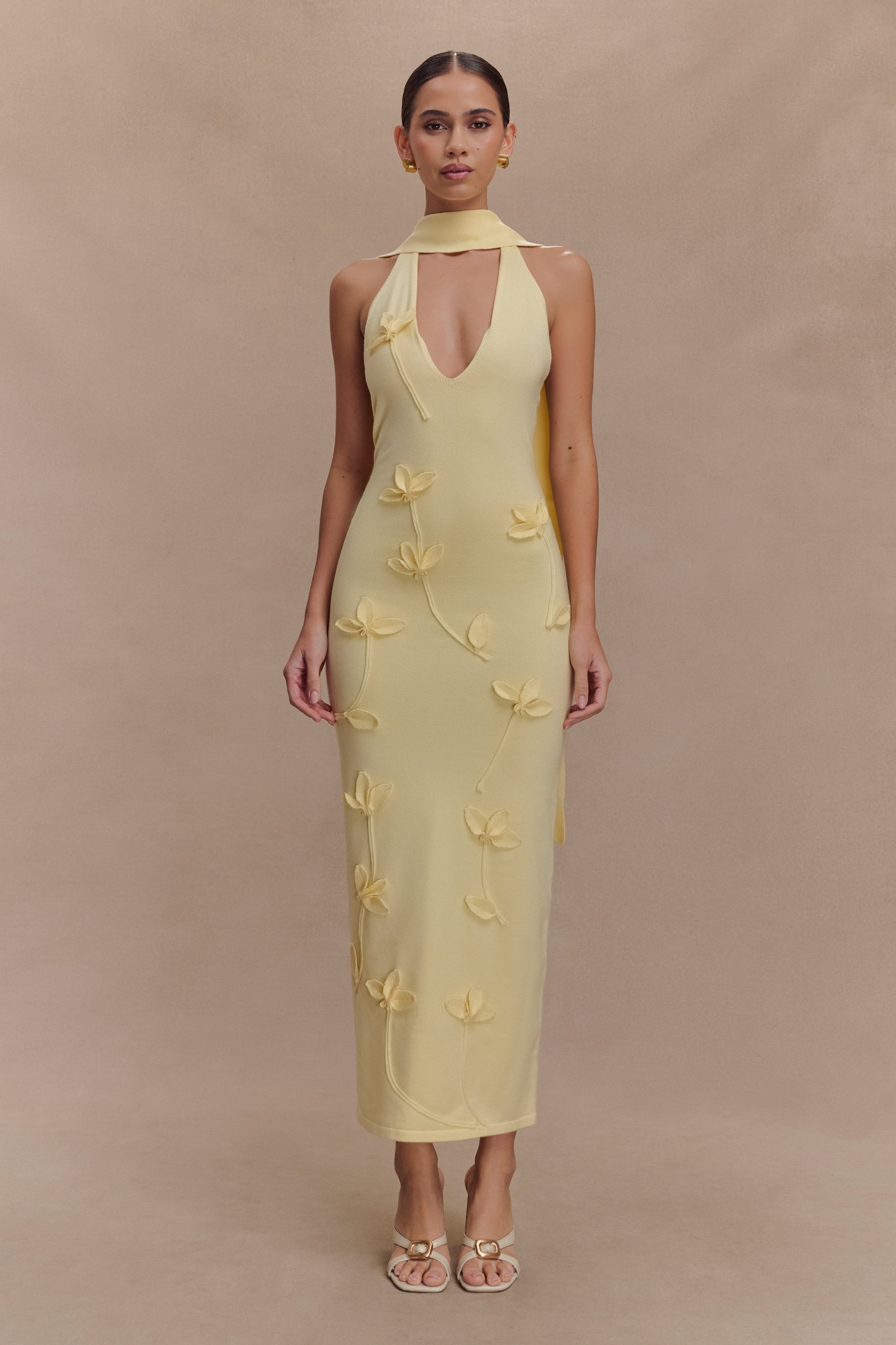 Wynn Floral Knit Midi Dress / Lemon | MESHKI | XS Wynn Floral Knit Midi Dress / Lemon | MESHKI | XS