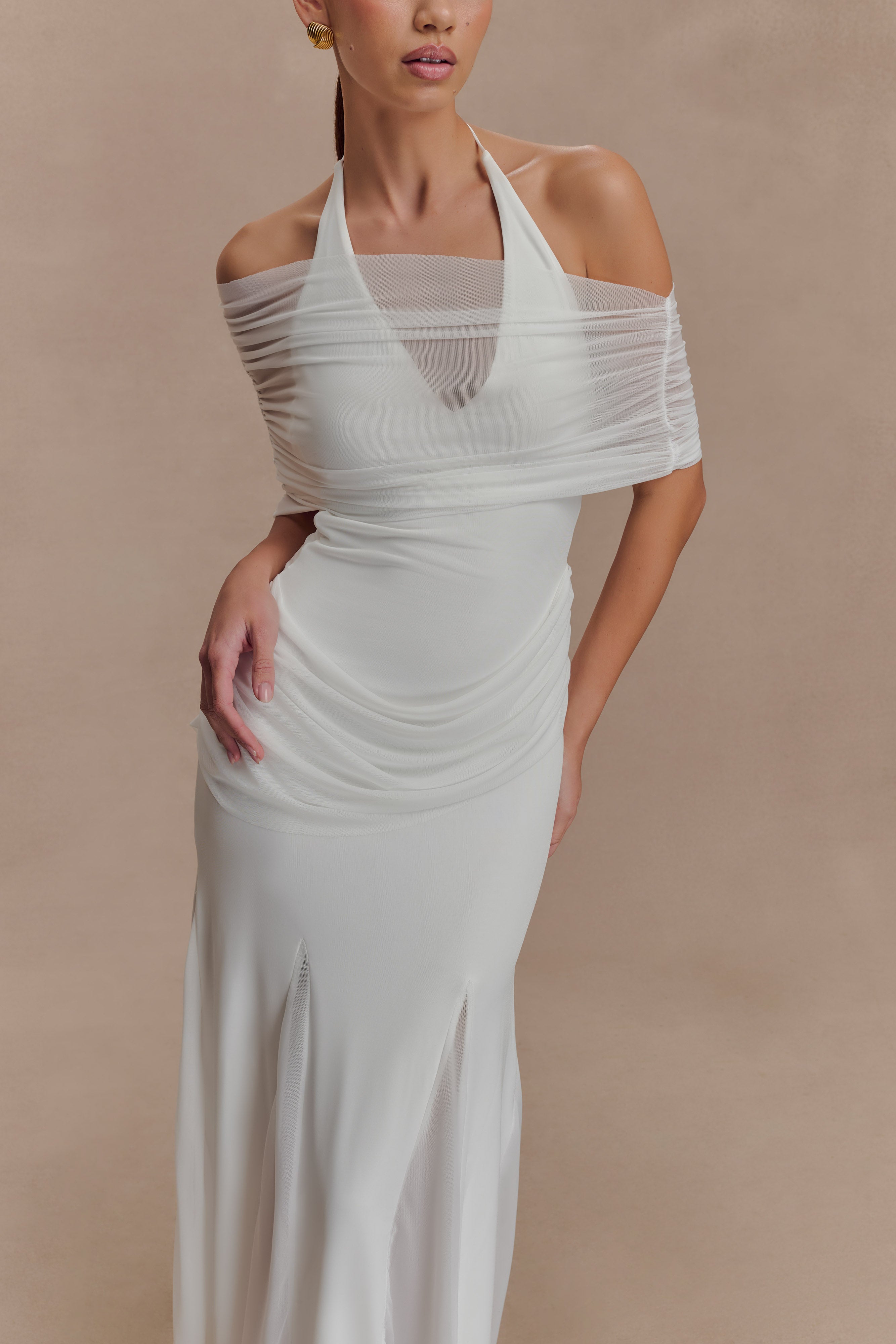 Gabrielle Slinky And Mesh Maxi Dress - White | MESHKI US