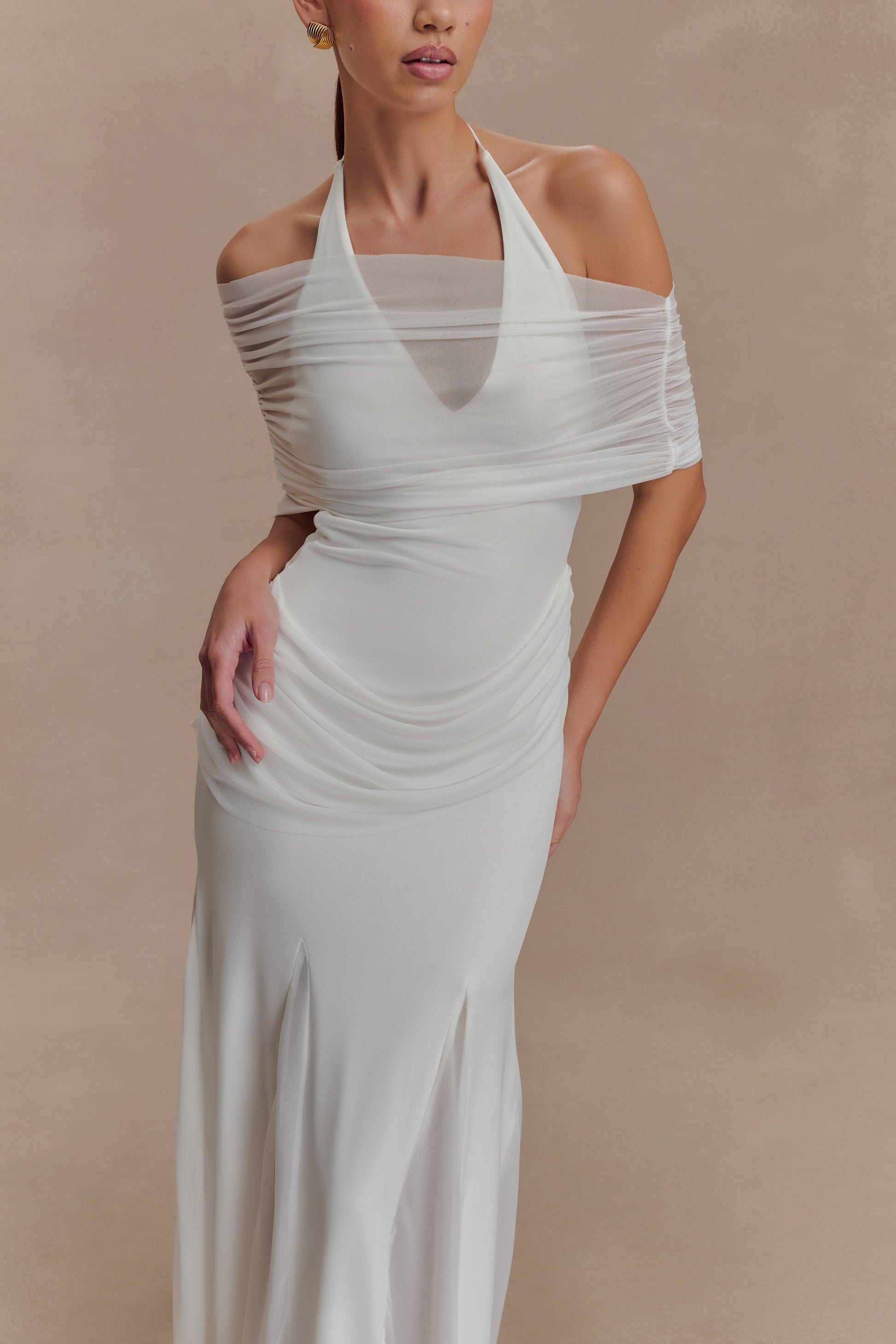 Gabrielle Slinky And Mesh Maxi Dress - White | MESHKI US Gabrielle Slinky And Mesh Maxi Dress - White | MESHKI US