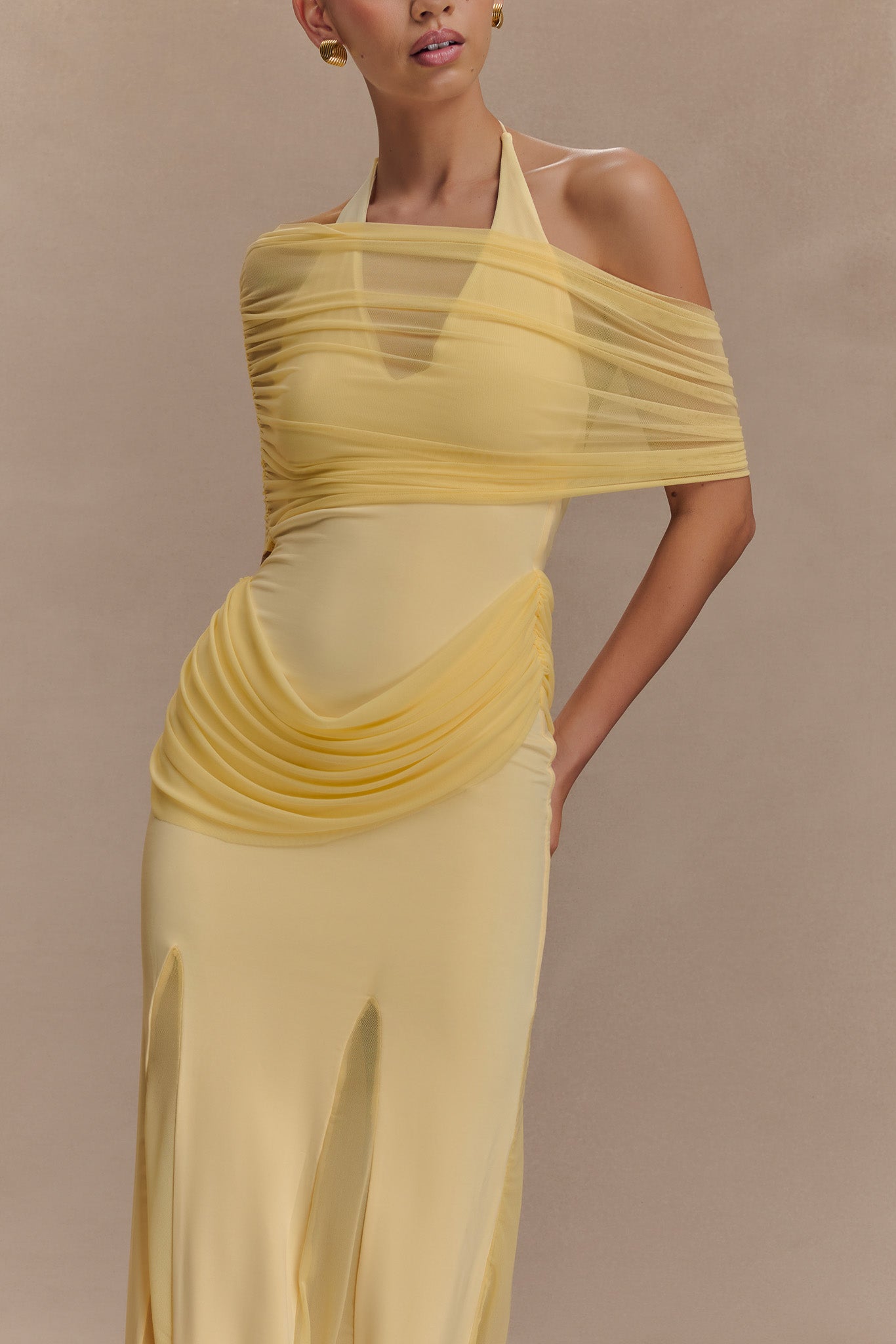 Gabrielle Slinky And Mesh Maxi Dress - Lemon | MESHKI US Gabrielle Slinky And Mesh Maxi Dress - Lemon | MESHKI US