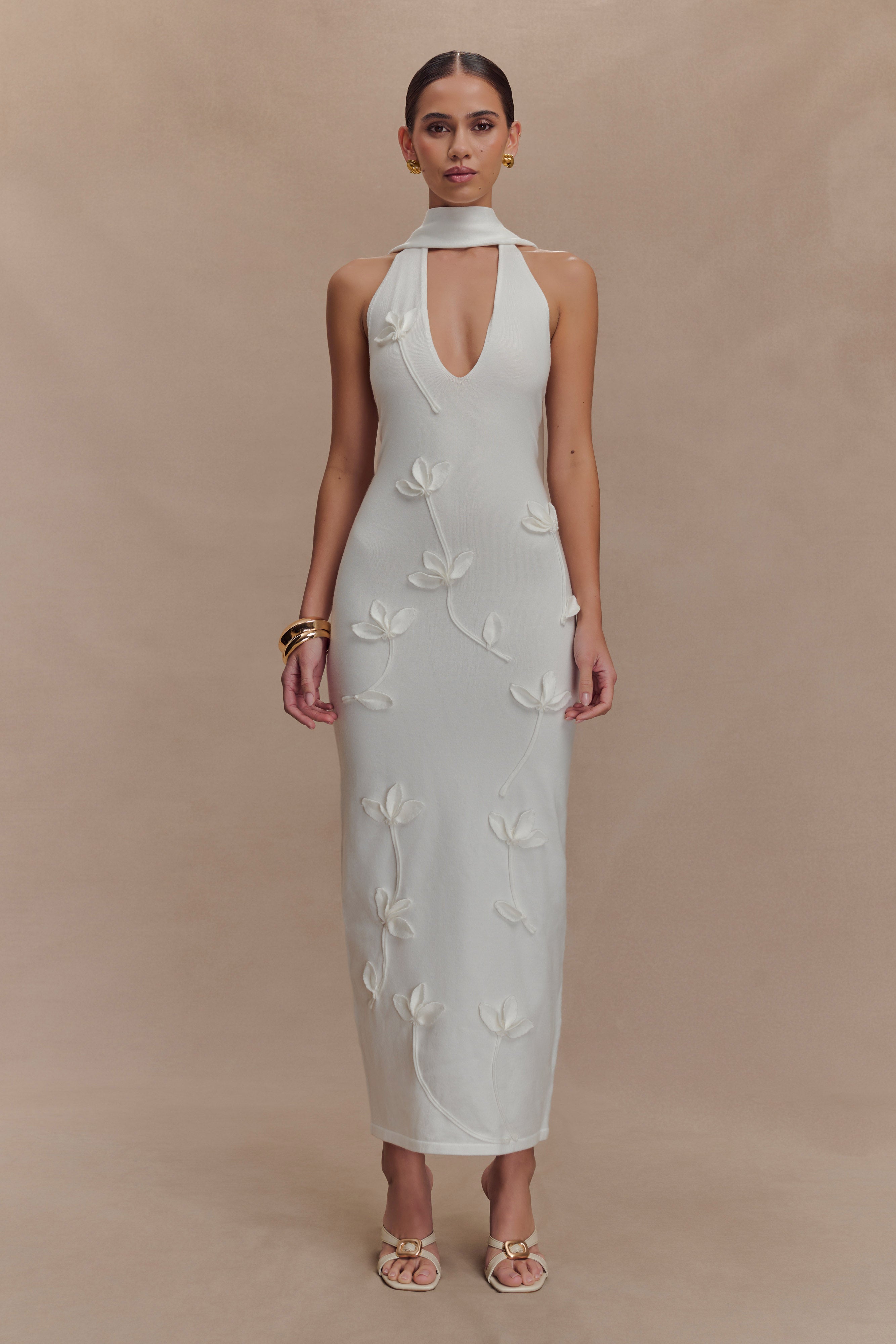 Wynn Floral Knit Midi Dress - White | MESHKI US