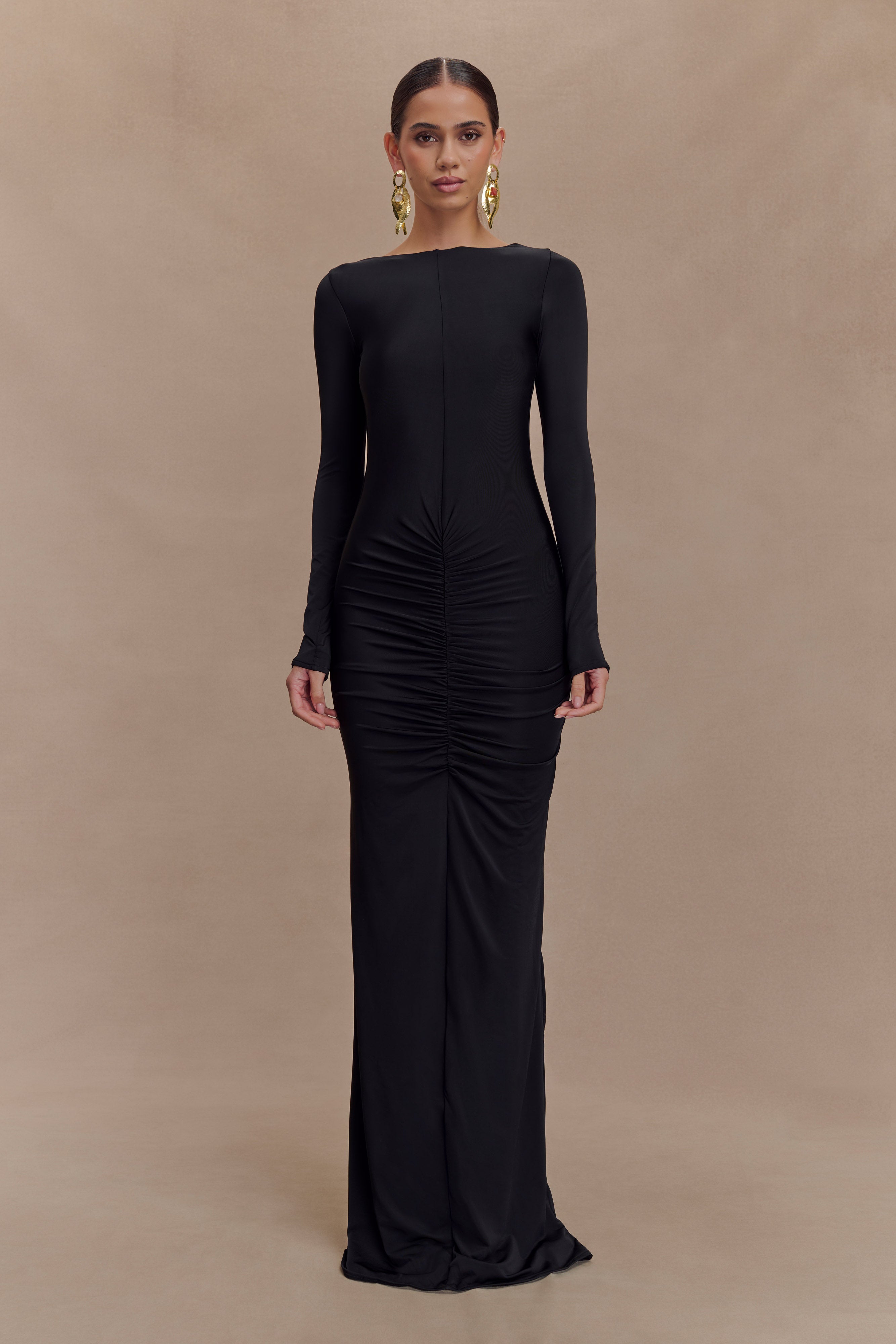 Louisa Long Sleeve Slinky Maxi Dress - Black | MESHKI US