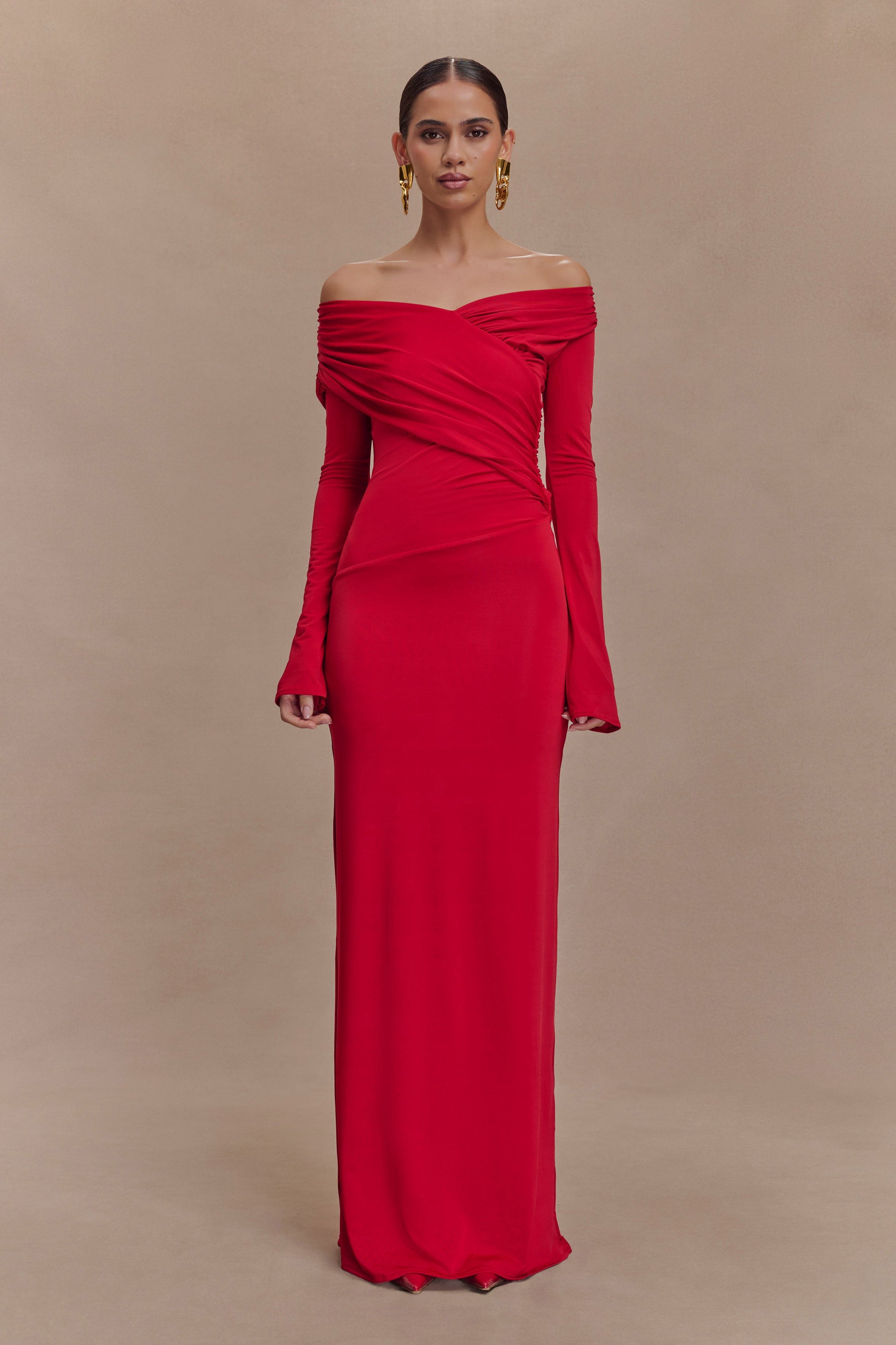 Therese Off Shoulder Ruched Maxi Dress / Red | MESHKI