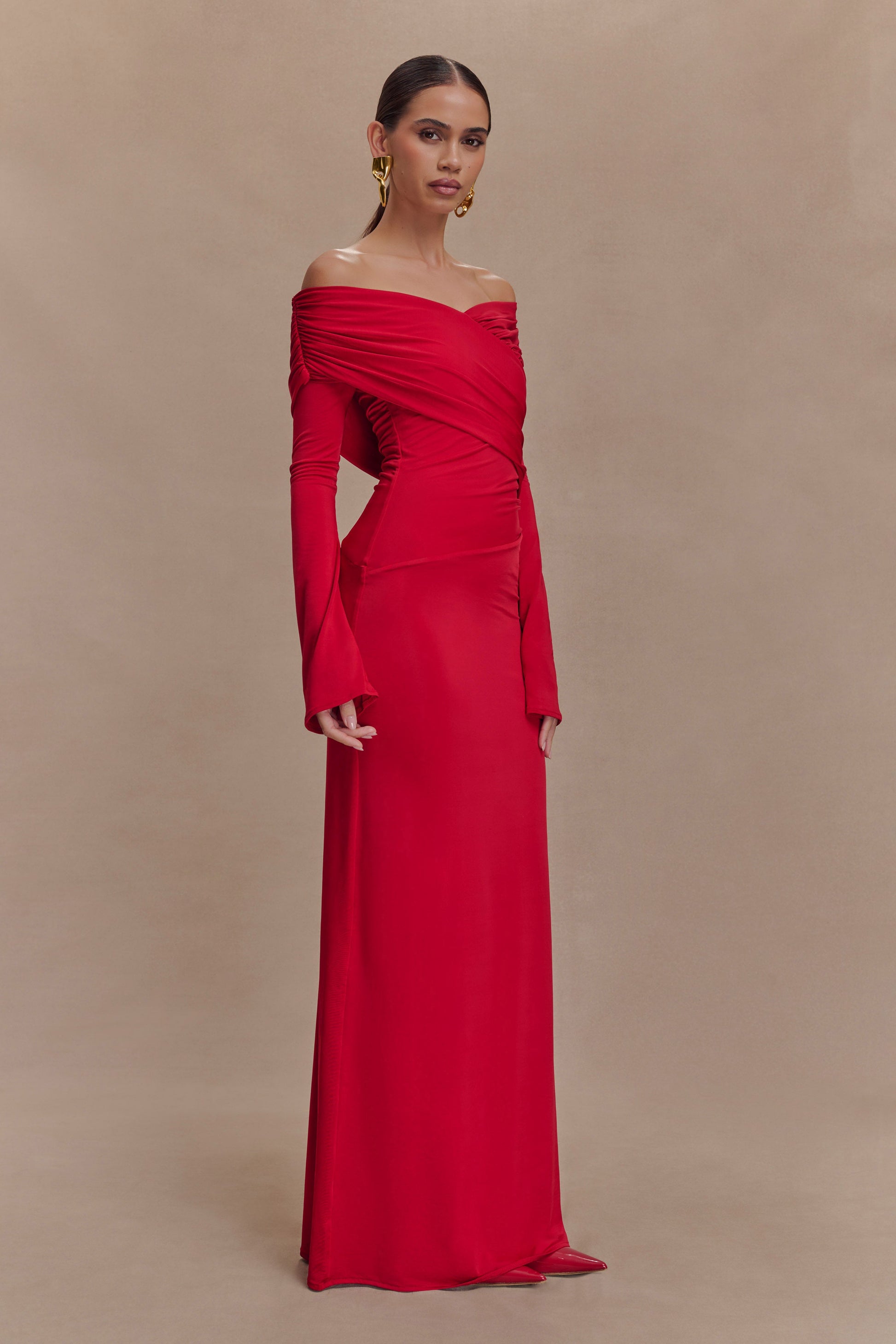 Therese Off Shoulder Ruched Maxi Dress - Red | MESHKI US Therese Off Shoulder Ruched Maxi Dress - Red | MESHKI US