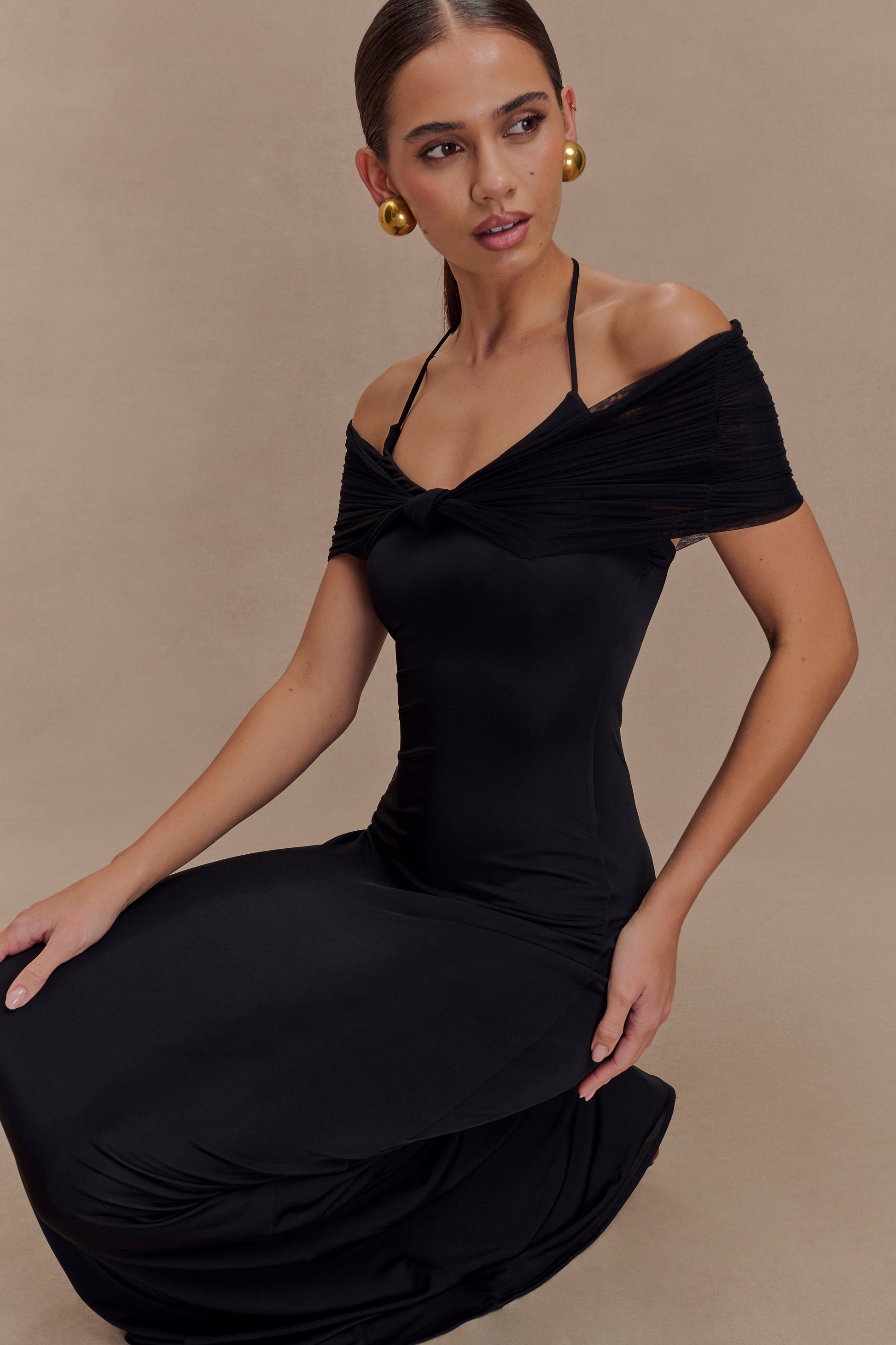 Bernadina Mesh And Slinky Halter Maxi Dress - Black | MESHKI US Bernadina Mesh And Slinky Halter Maxi Dress - Black | MESHKI US