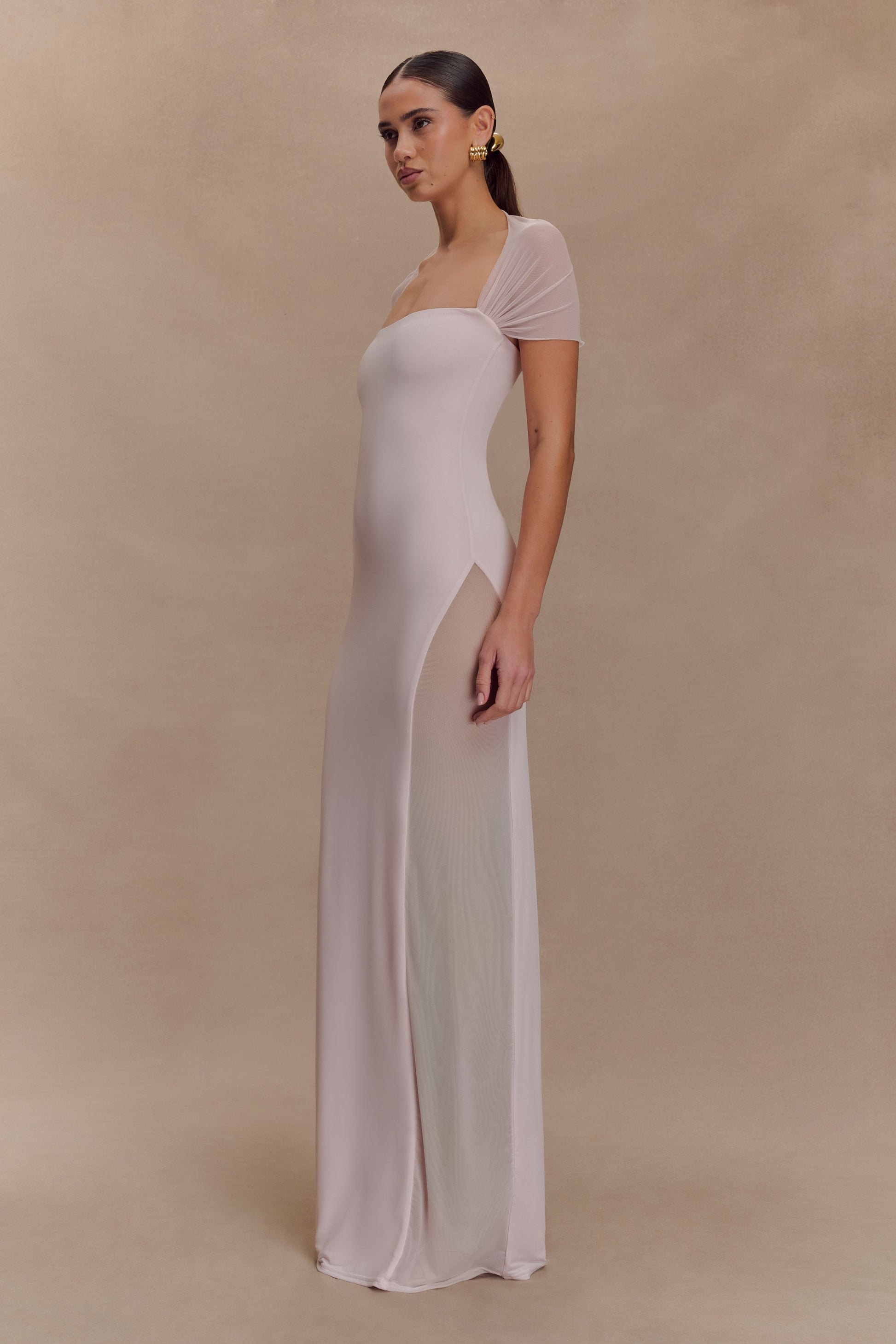 Wyatt Slinky And Mesh Maxi Dress - Pale Pink | MESHKI US Wyatt Slinky And Mesh Maxi Dress - Pale Pink | MESHKI US