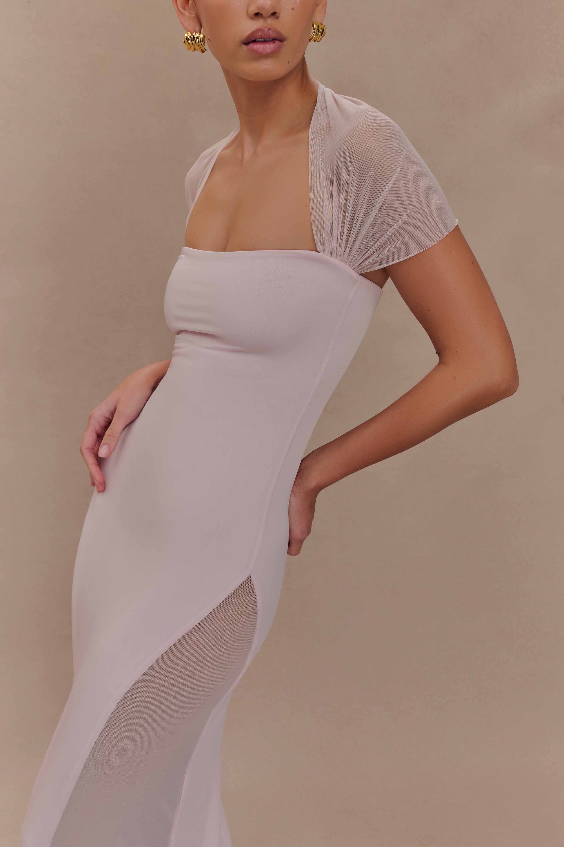 Wyatt Slinky And Mesh Maxi Dress - Pale Pink | MESHKI US Wyatt Slinky And Mesh Maxi Dress - Pale Pink | MESHKI US