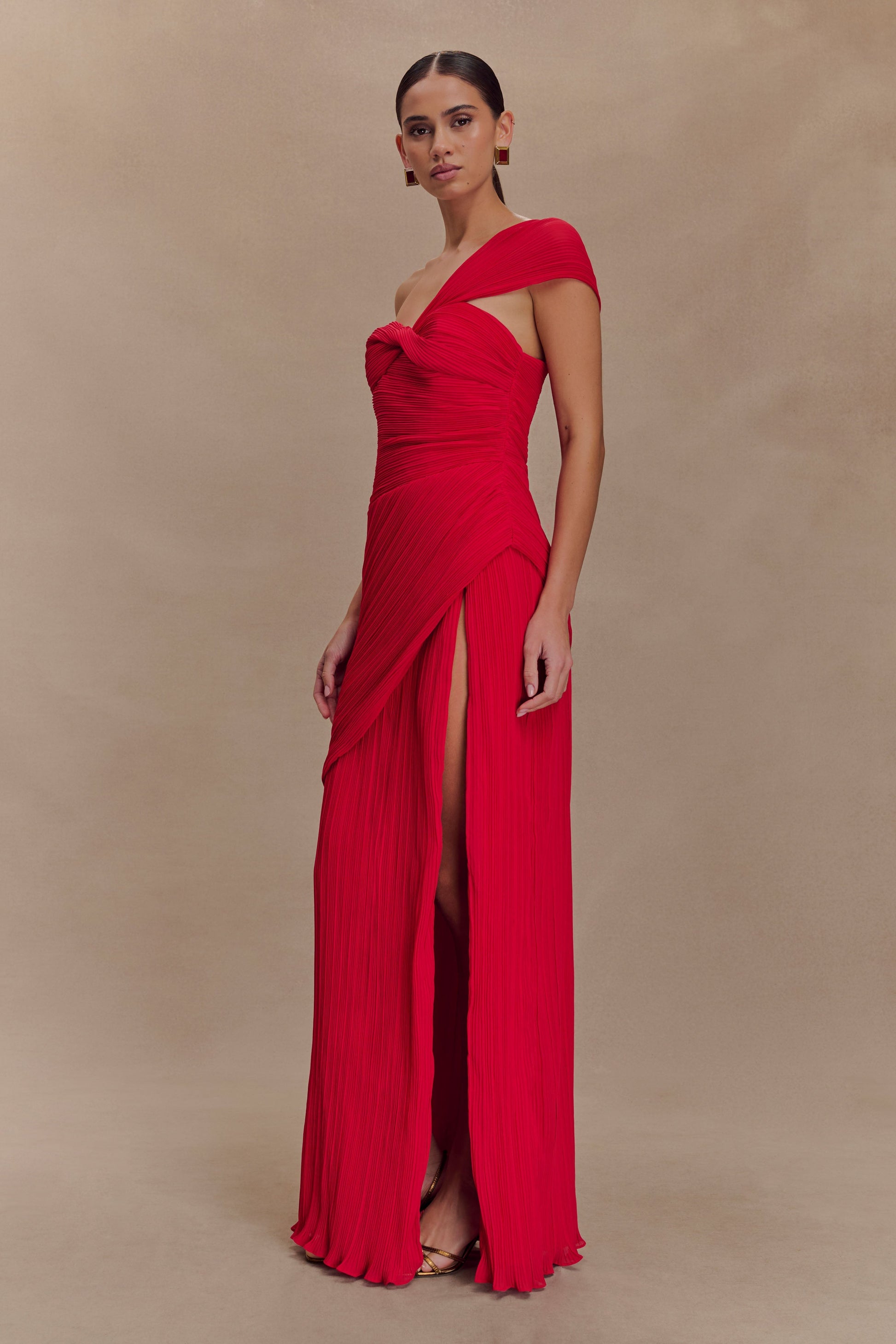 midi red dress Tamara Shirred Chiffon Midi Dress / Red | MESHKI