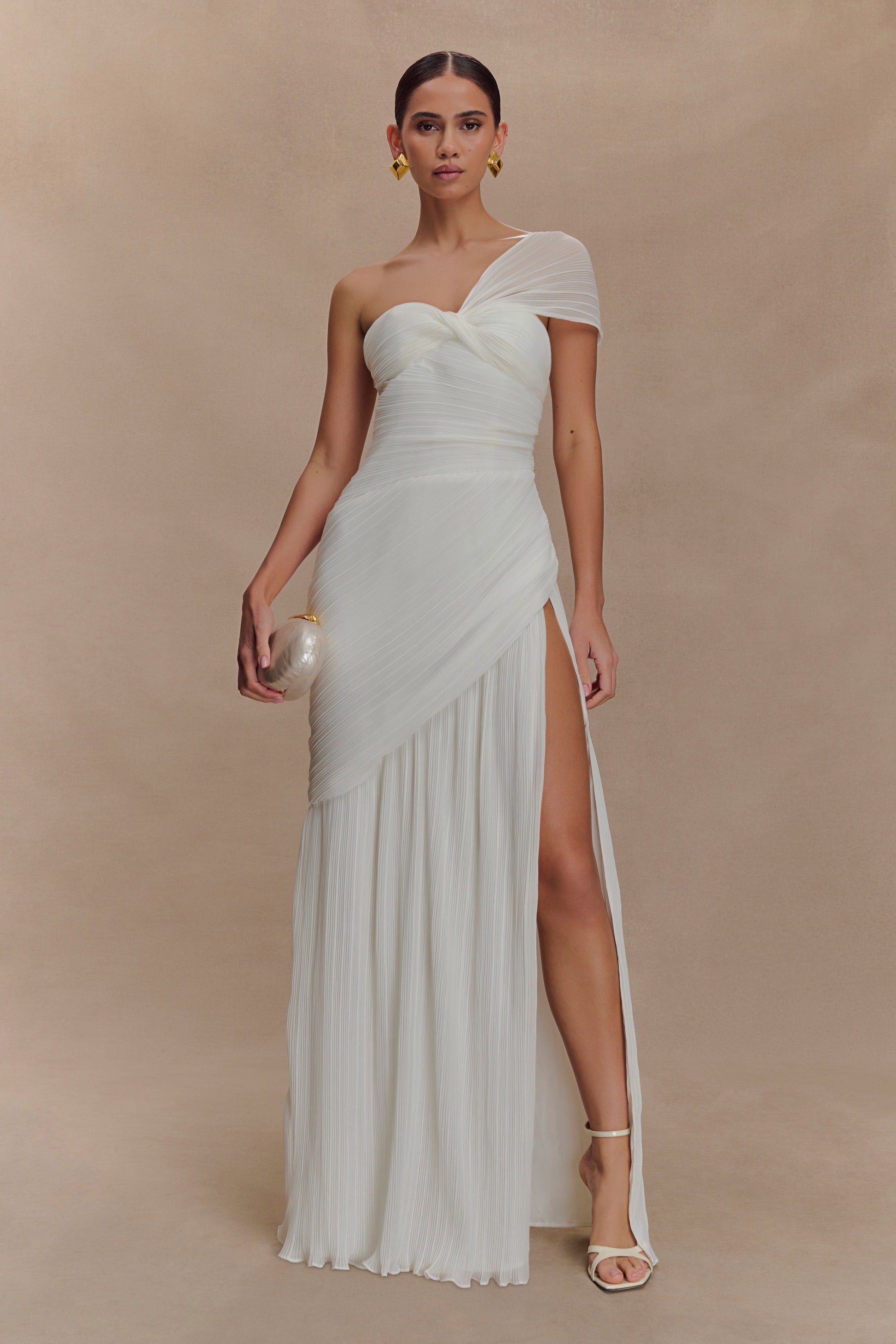 Tamara Shirred Chiffon Midi Dress / White | MESHKI