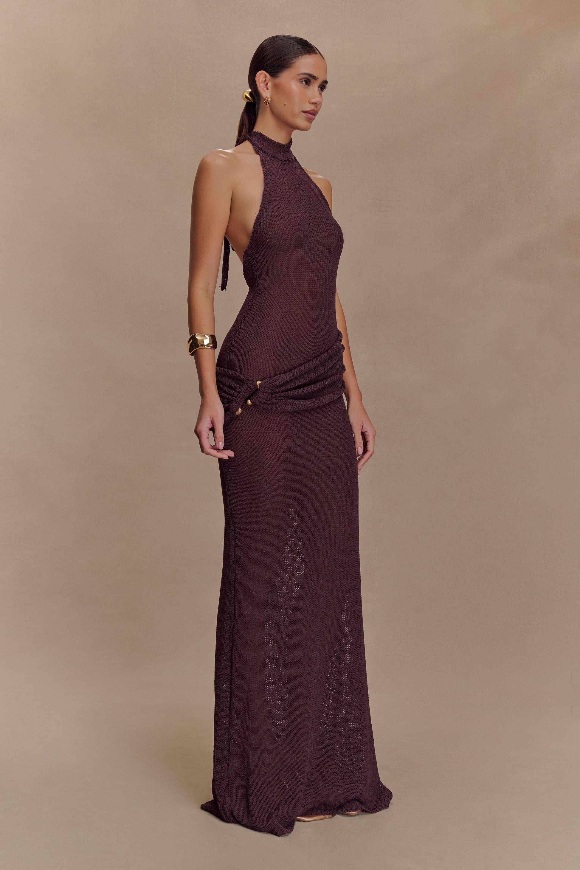 Reece Halter Knit Maxi Dress - Chocolate | MESHKI US Reece Halter Knit Maxi Dress - Chocolate | MESHKI US
