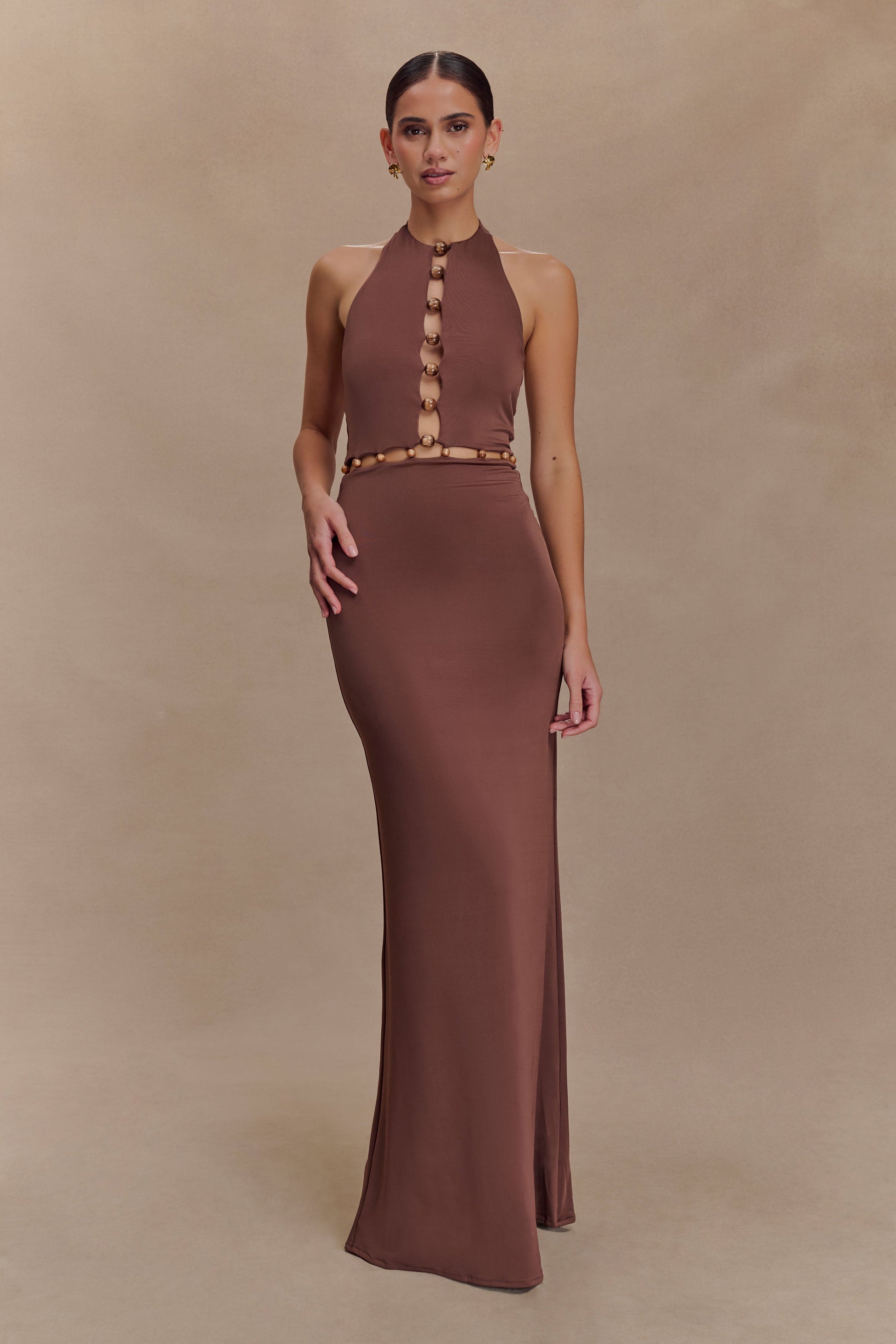 Albion Beaded Slinky Maxi Dress / Chocolate | MESHKI | XS Albion Beaded Slinky Maxi Dress / Chocolate | MESHKI | XS