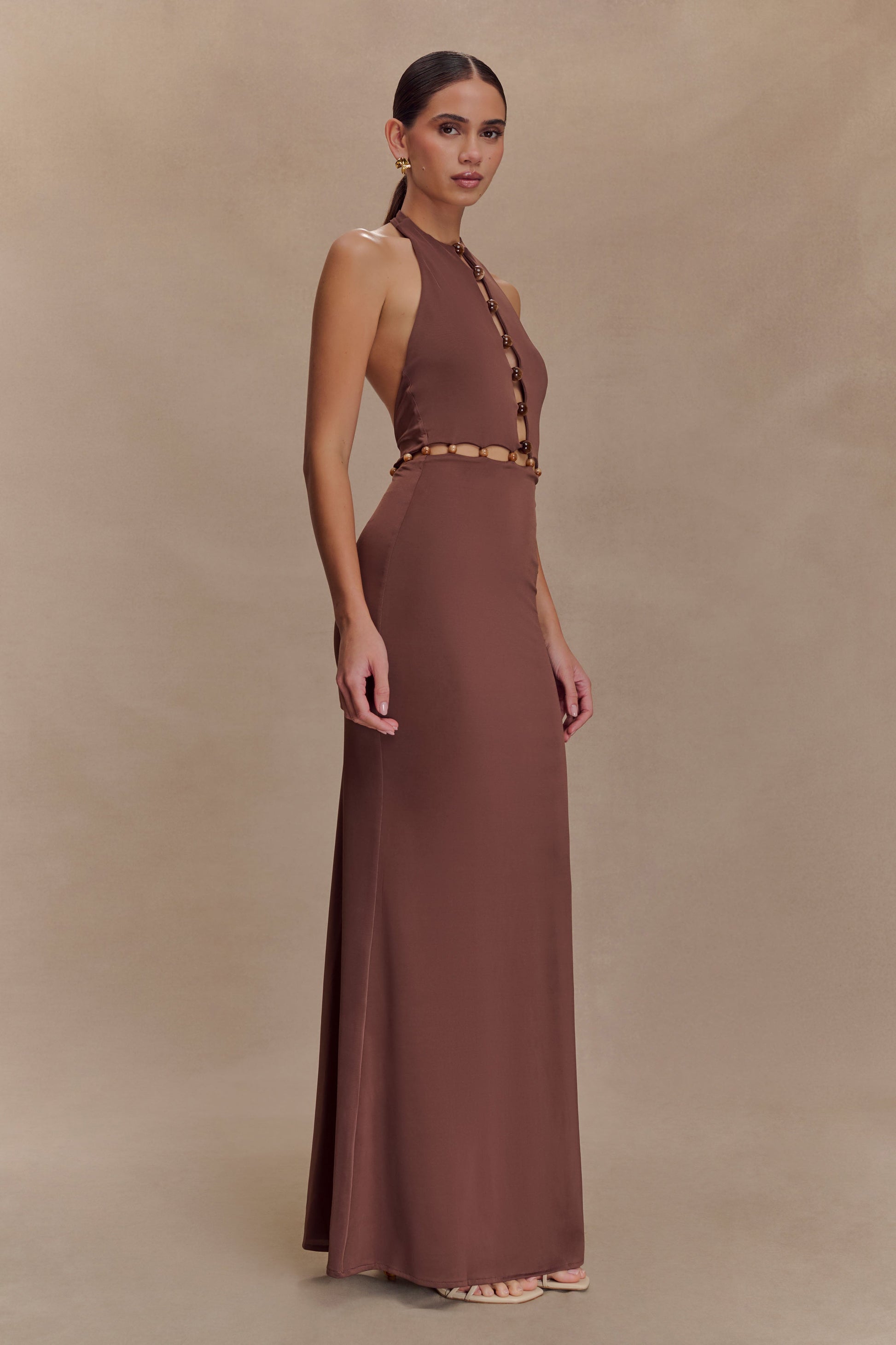 Albion Beaded Slinky Maxi Dress / Chocolate | MESHKI