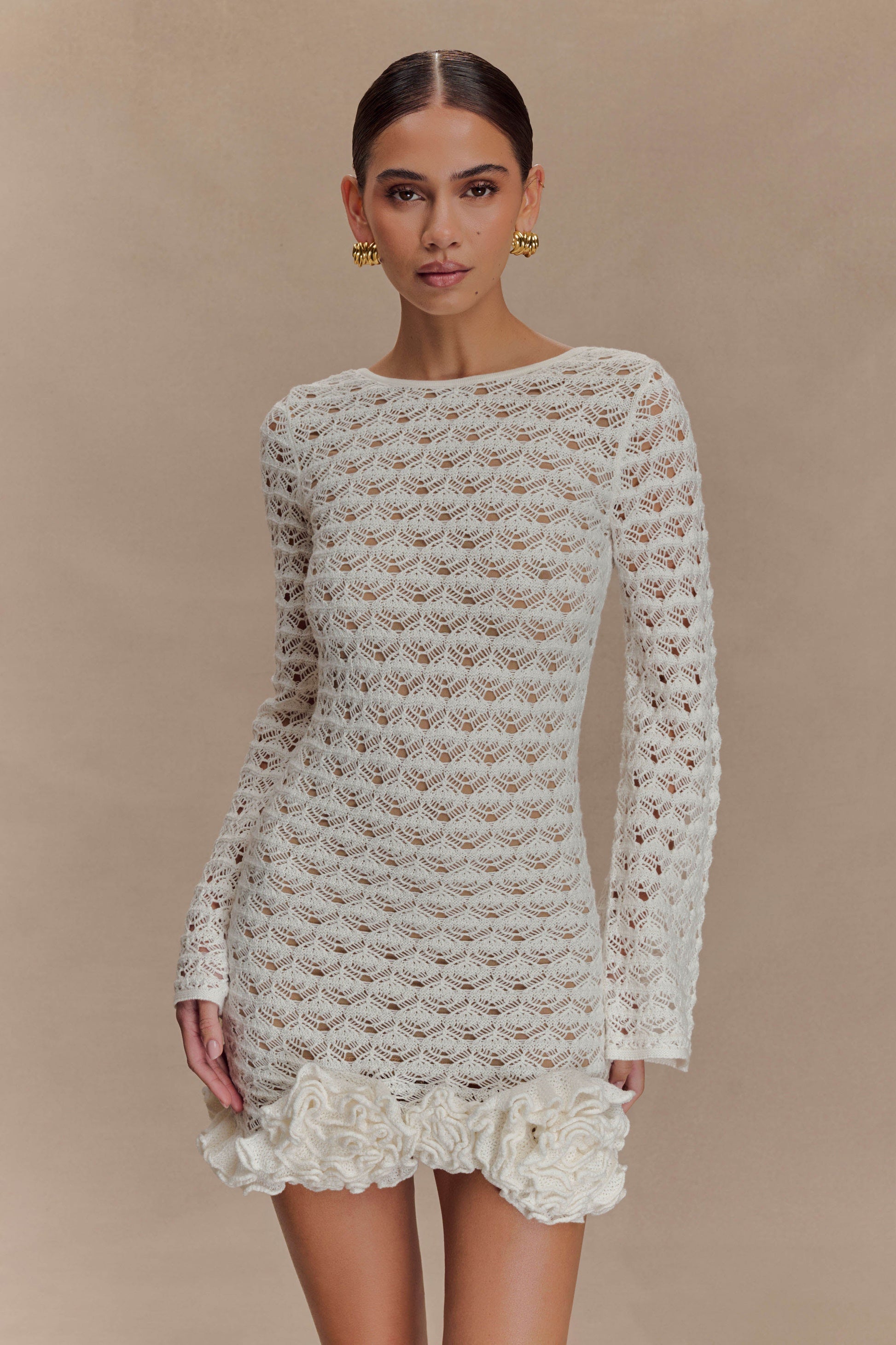 Aileen Ruffle Crochet Mini Dress - Ivory | MESHKI US Aileen Ruffle Crochet Mini Dress - Ivory | MESHKI US
