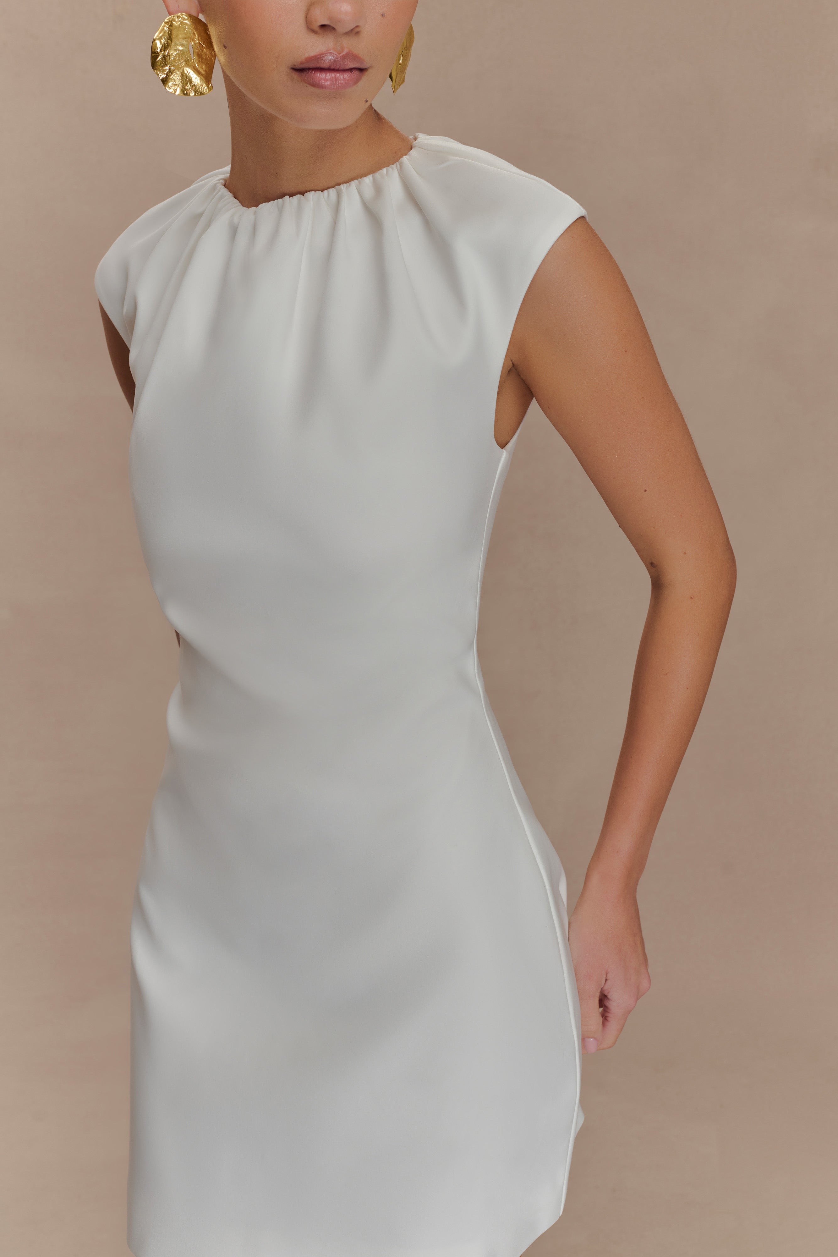 Ariana Pleated Neck Mini Dress - Ivory | MESHKI US
