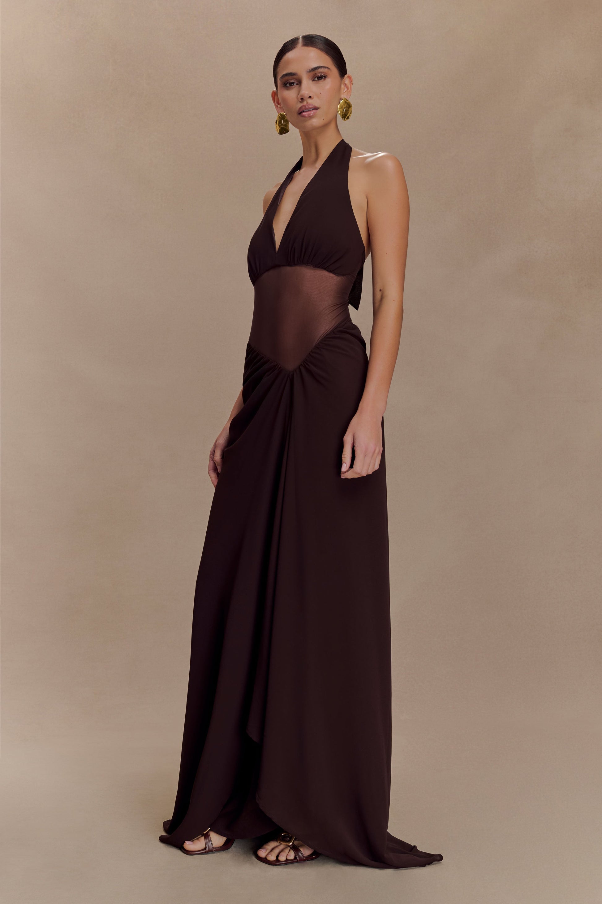 chiffon mesh dress OFF-SHOULDER CHIFFON AND MESH GOWN