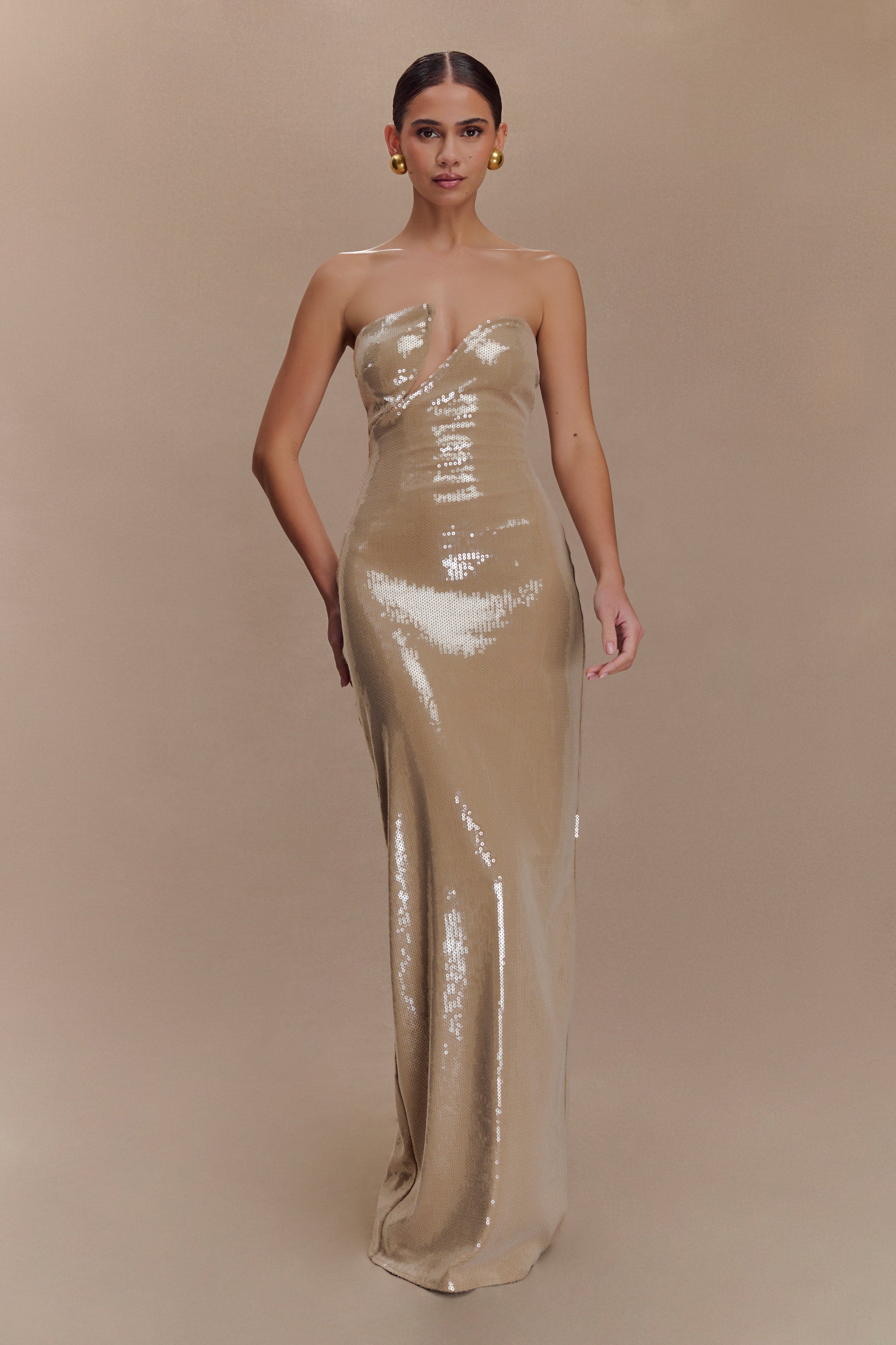 Winston Strapless Sequin Maxi Dress / Taupe | MESHKI | XXL Winston Strapless Sequin Maxi Dress / Taupe | MESHKI | XXL