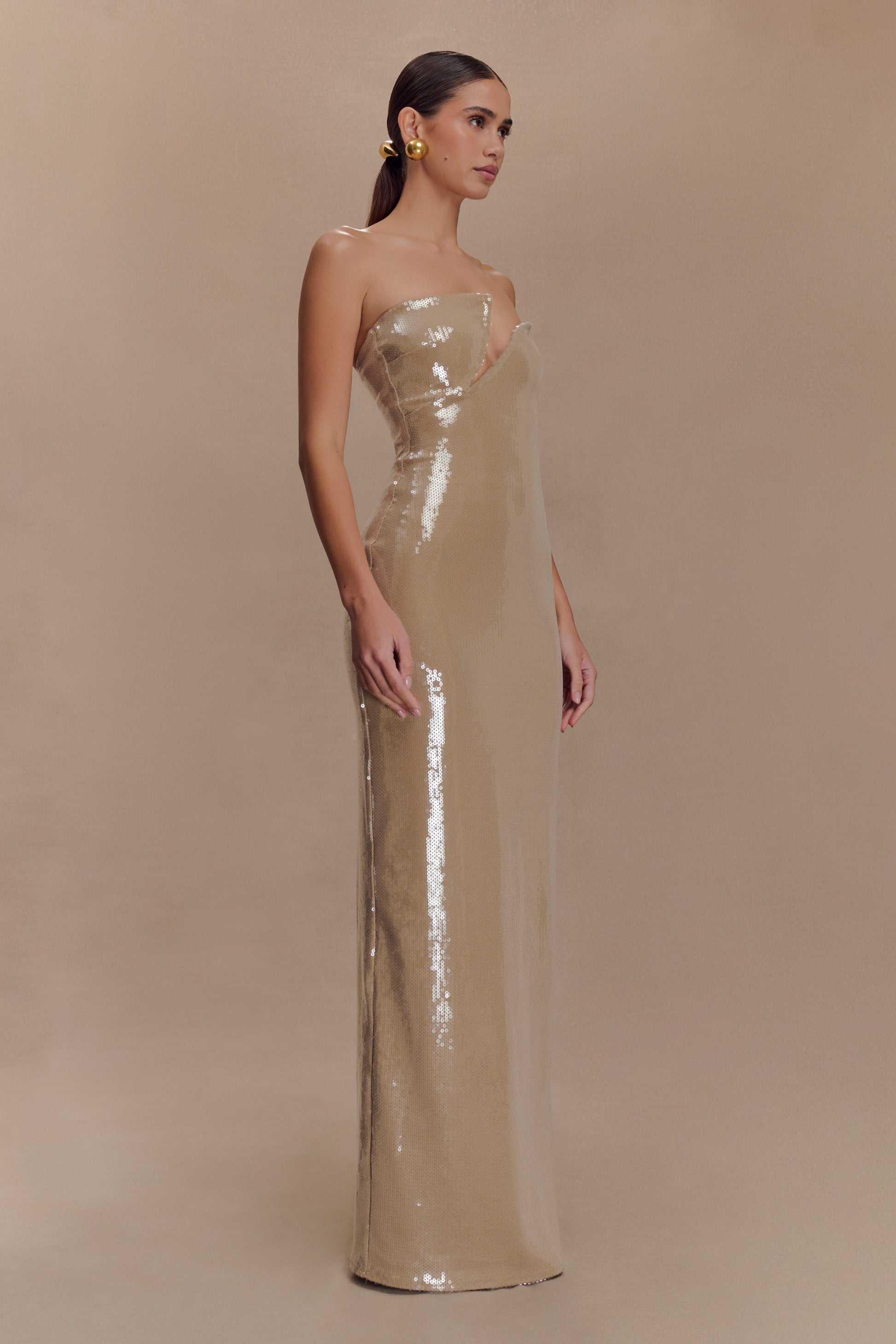 Winston Strapless Sequin Maxi Dress / Taupe | MESHKI
