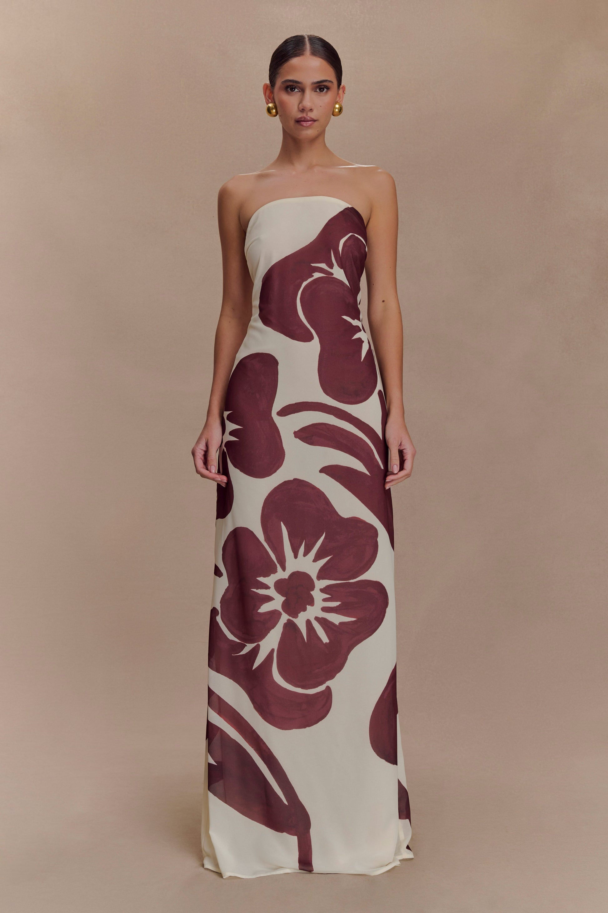 strapless brown dresses Soleil adhesive bra Amaya Strapless Chiffon Maxi Dress