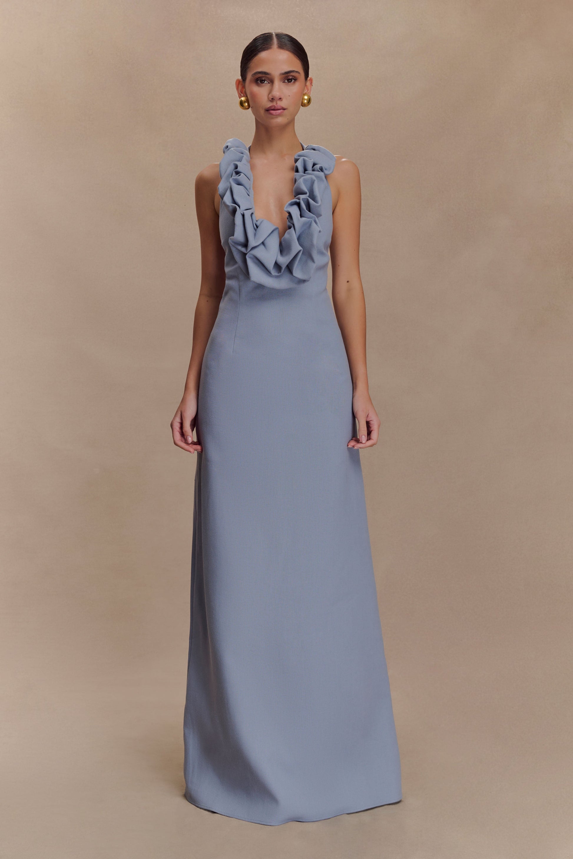 Carolyn Linen Bubble Maxi Dress / Misty Blue | MESHKI | S Carolyn Linen Bubble Maxi Dress / Misty Blue | MESHKI | S