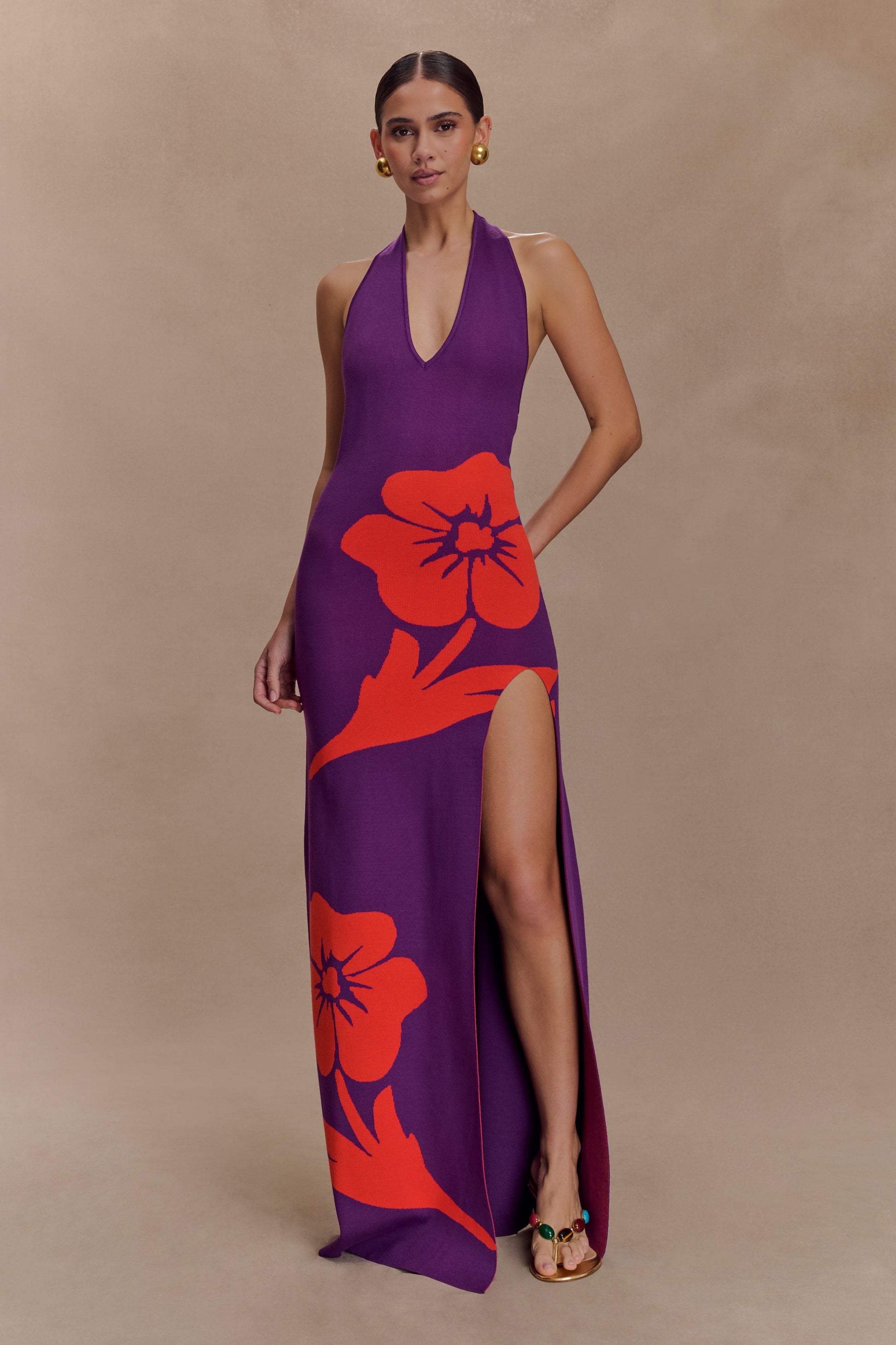 Stacy Knit Halter Maxi Dress / Purple/Red | MESHKI | XXS Stacy Knit Halter Maxi Dress / Purple/Red | MESHKI | XXS