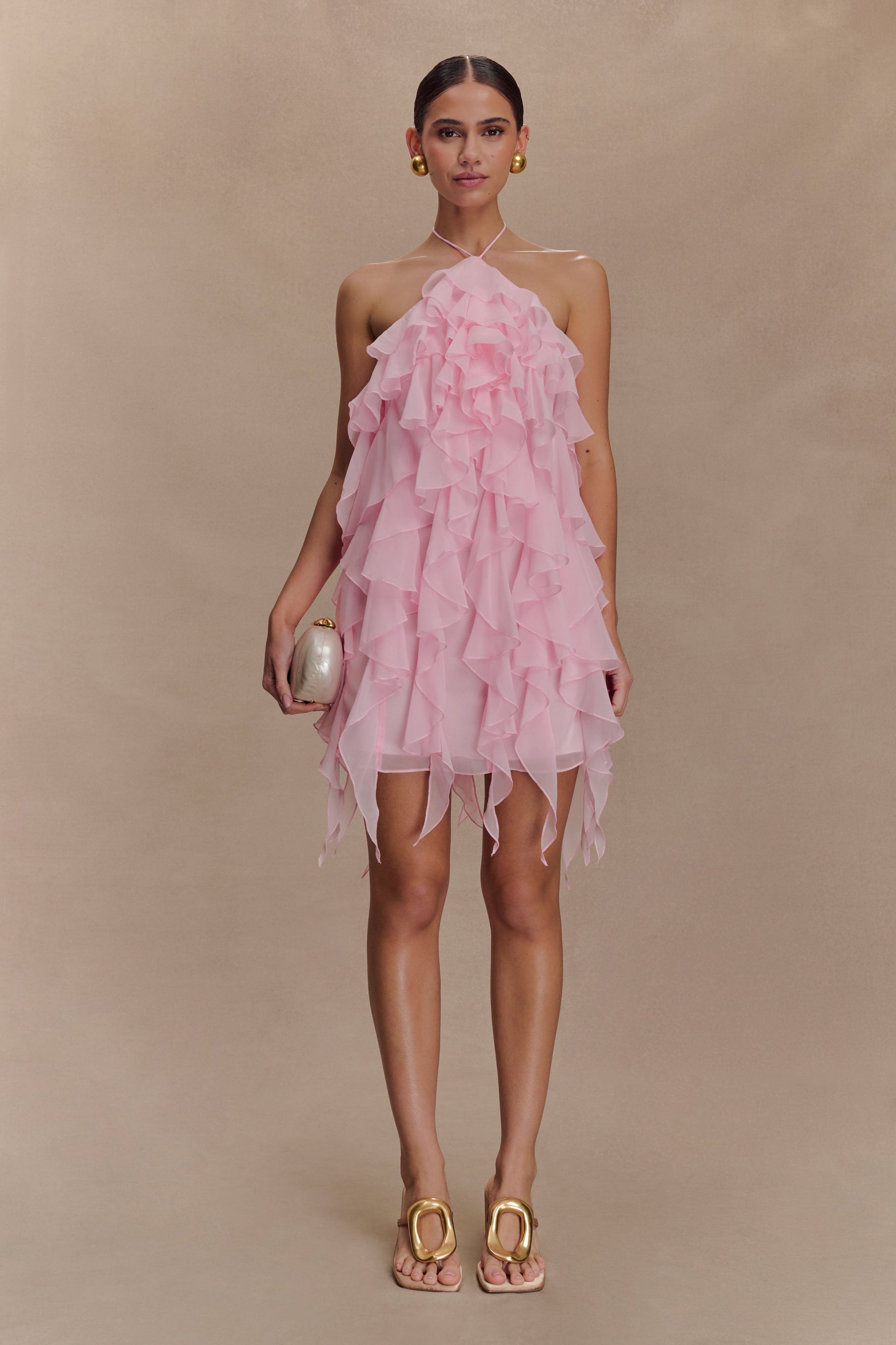 Marigold Ruffle Halter Mini Dress - Powder Pink Marigold Ruffle Halter Mini Dress - Powder Pink