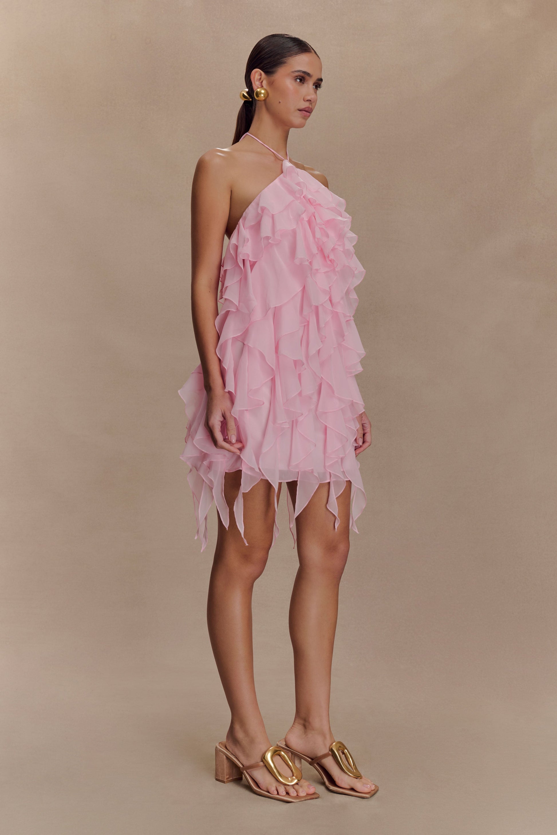 Marigold Ruffle Halter Mini Dress / Powder Pink | MESHKI | XXS Marigold Ruffle Halter Mini Dress / Powder Pink | MESHKI | XXS