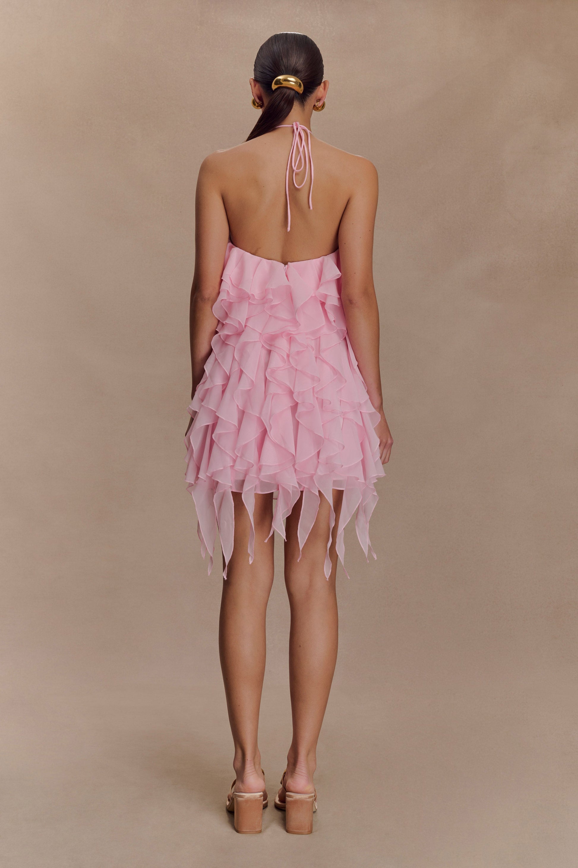 lace up front ruffle hem mesh halter dress Ruffle Me Up Lace Halter Mini Dress