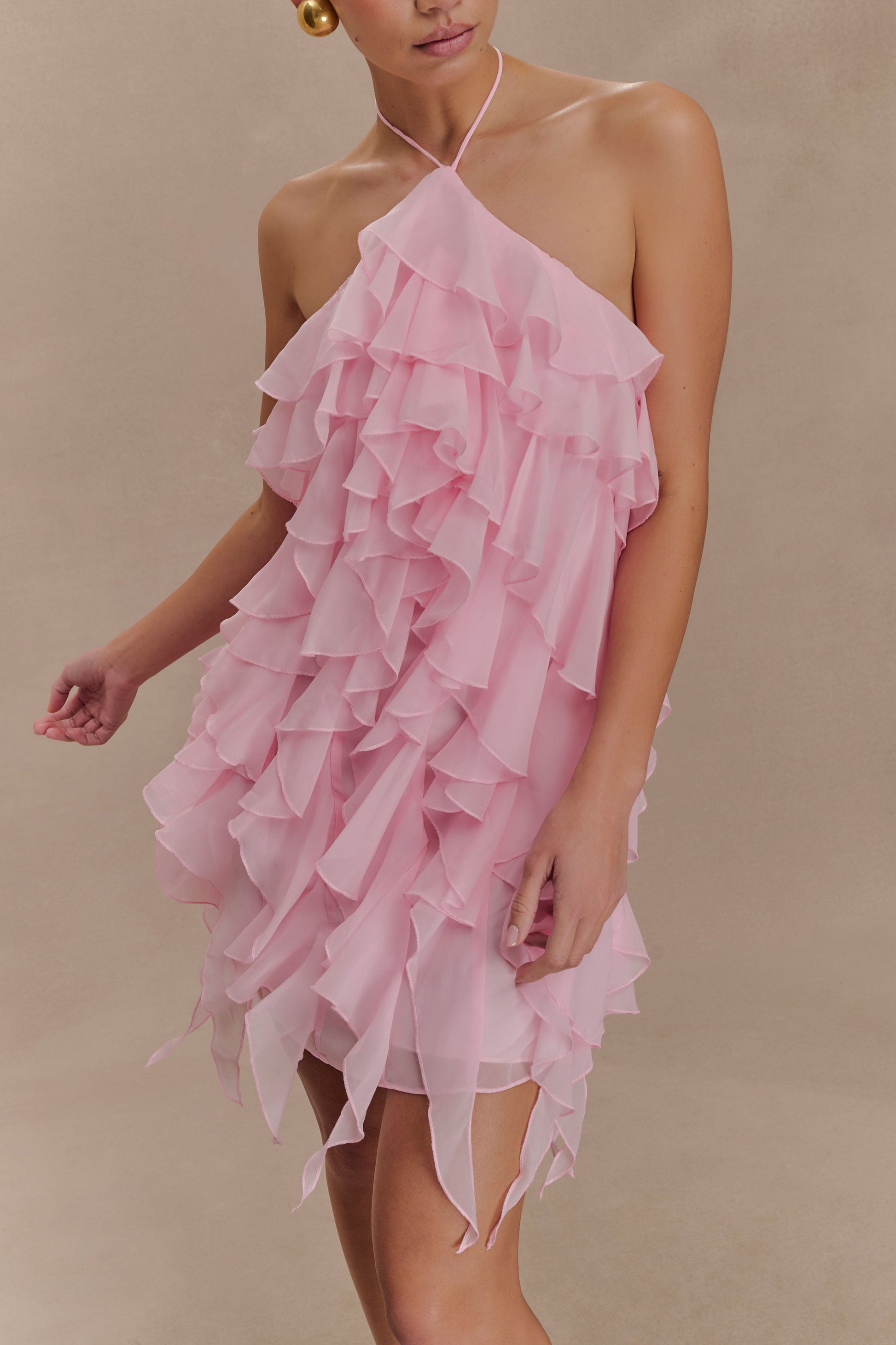 Marigold Ruffle Halter Mini Dress / Powder Pink | MESHKI | XXS Marigold Ruffle Halter Mini Dress / Powder Pink | MESHKI | XXS