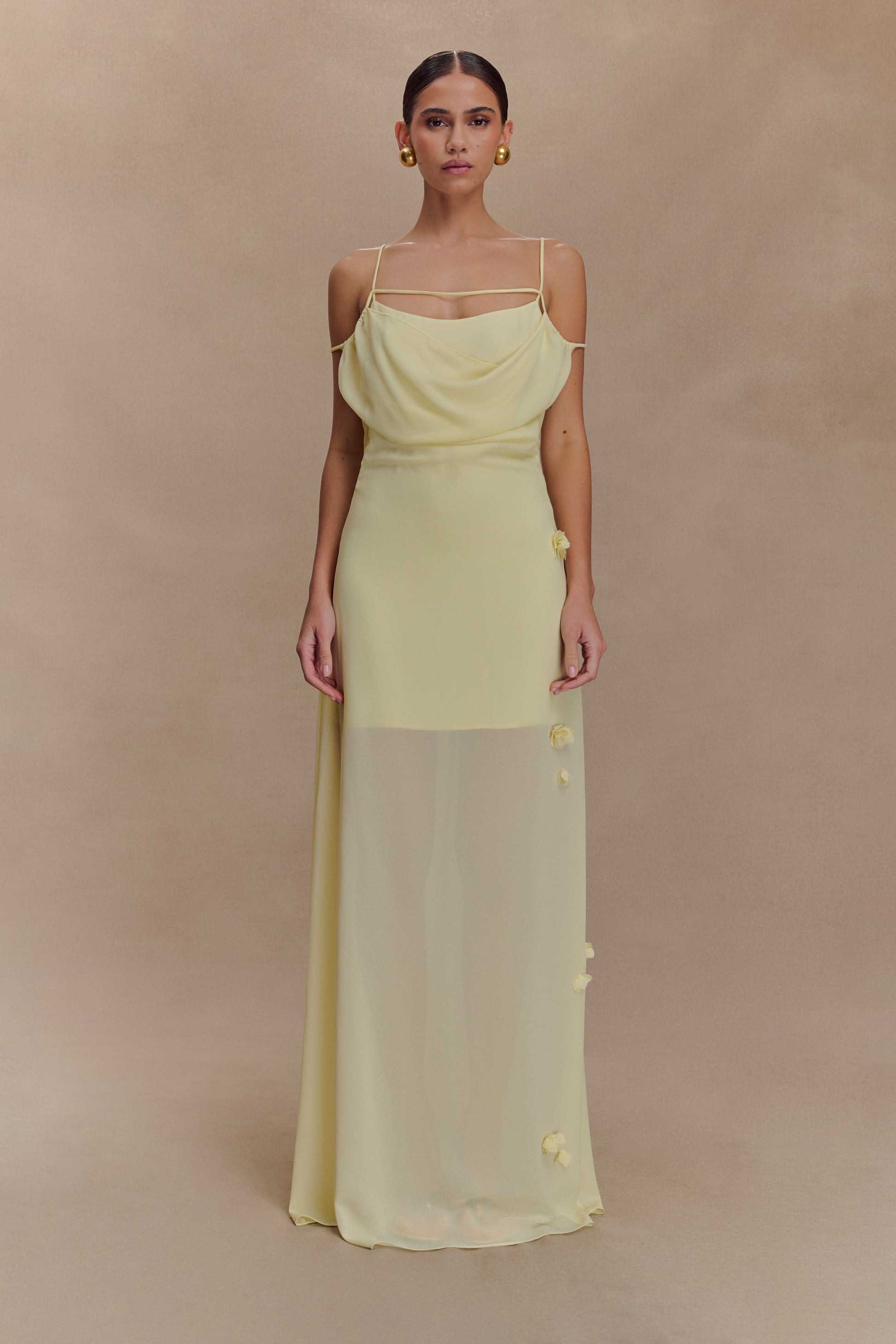 Rosalie Floral Chiffon Maxi Dress - Pastel Lemon | MESHKI US Rosalie Floral Chiffon Maxi Dress - Pastel Lemon | MESHKI US