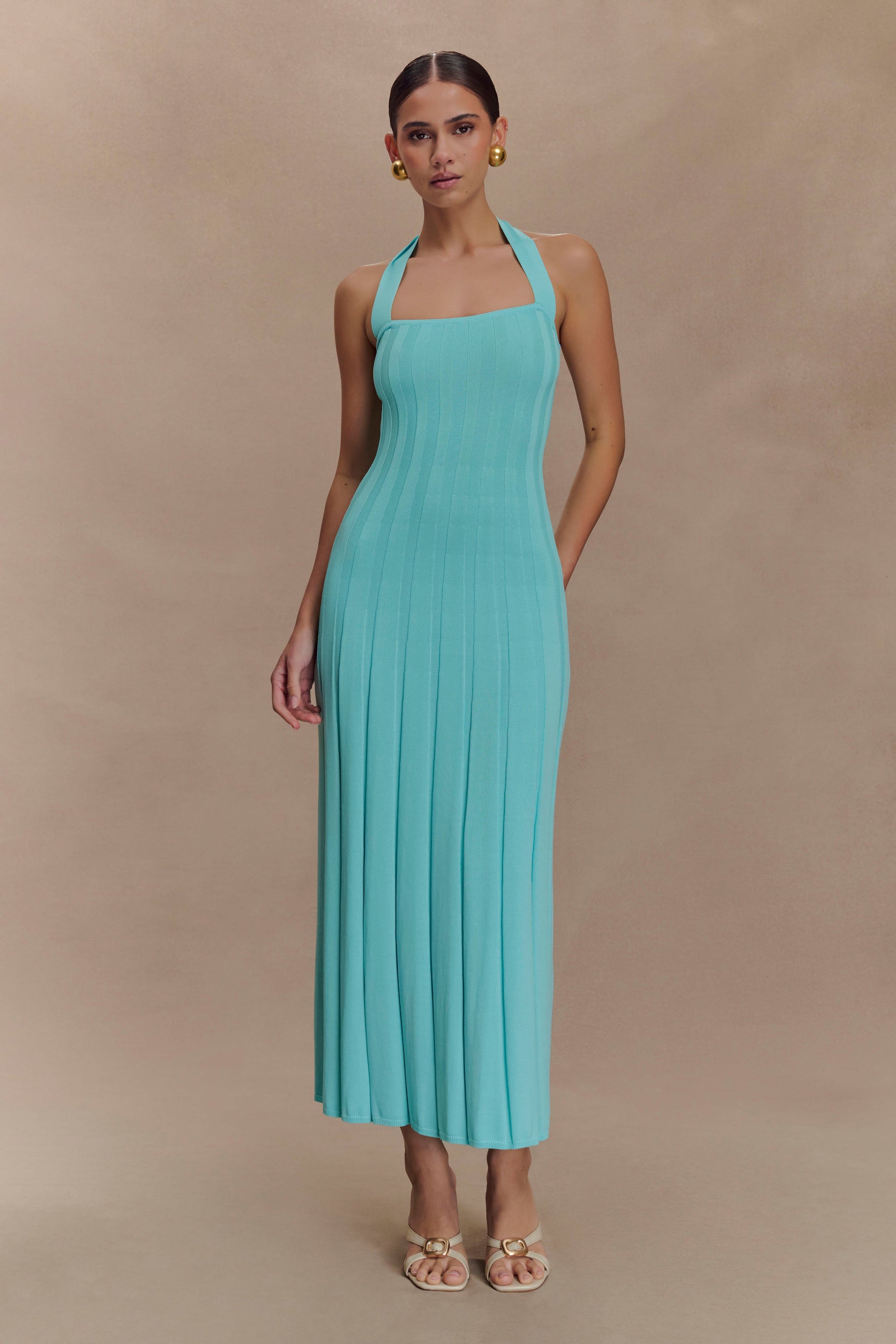 Jacqui Halter Knit Midi Dress - Cyan Blue | MESHKI US Jacqui Halter Knit Midi Dress - Cyan Blue | MESHKI US